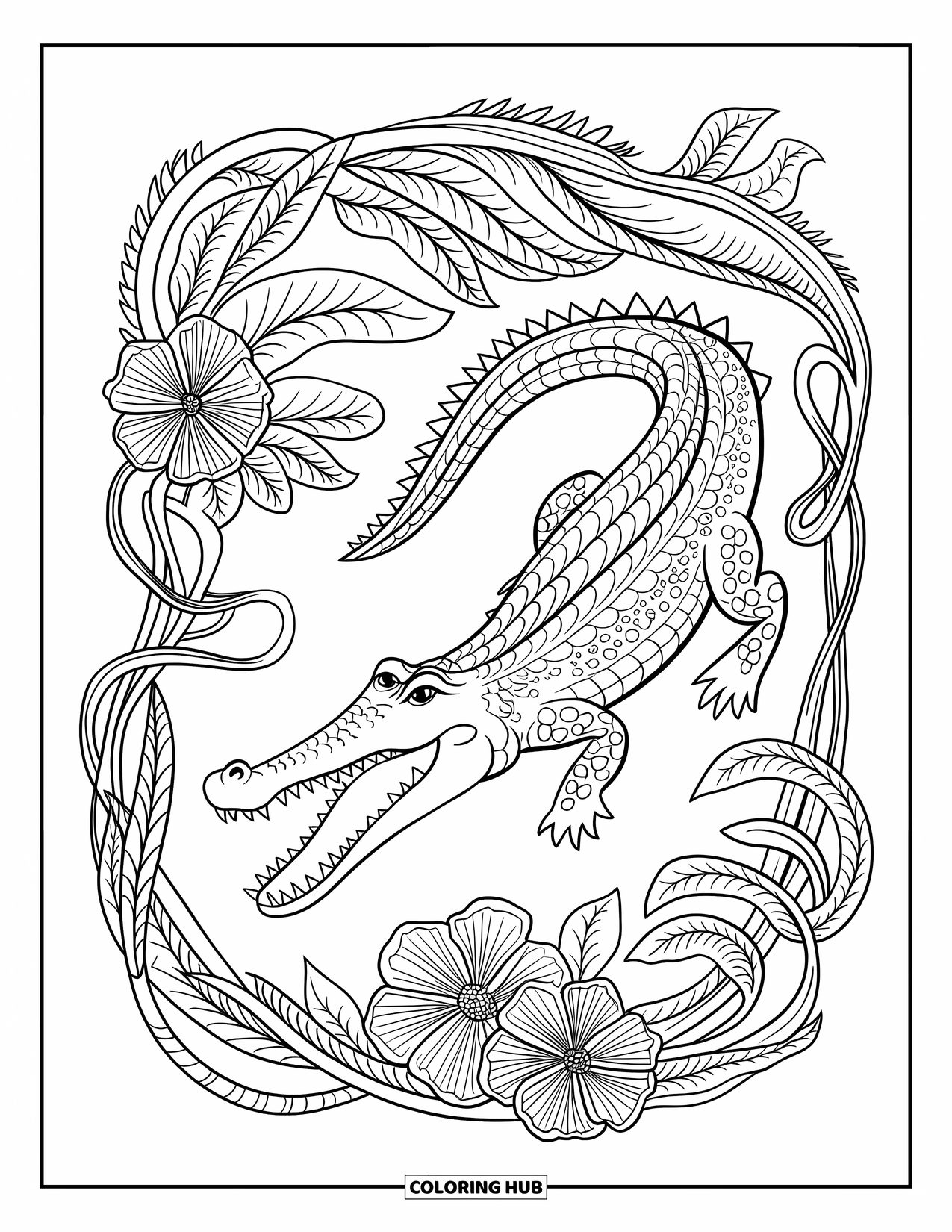 Disegno da colorare di un coccodrillo per adulti: Un coccodrillo con la bocca aperta è impigliato in viti della giungla e fiori in fiore