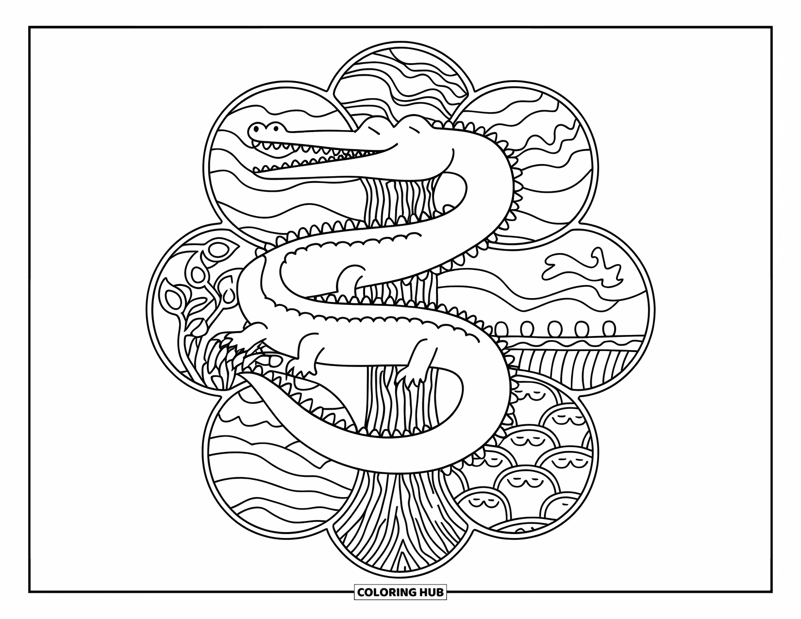 Disegno da colorare di un coccodrillo per adulti: Un coccodrillo si avvolge attorno a un tronco d'albero all'interno di anelli di motivi floreali e ondulati