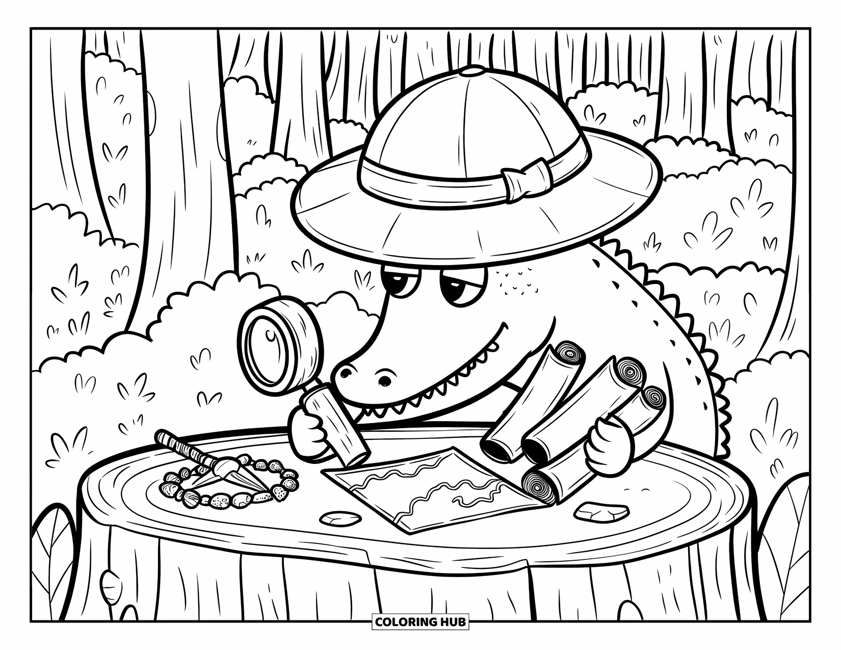 Disegno da colorare di un coccodrillo per adulti: Un coccodrillo esploratore studia una mappa del tesoro con una bussola fatta a mano nella foresta