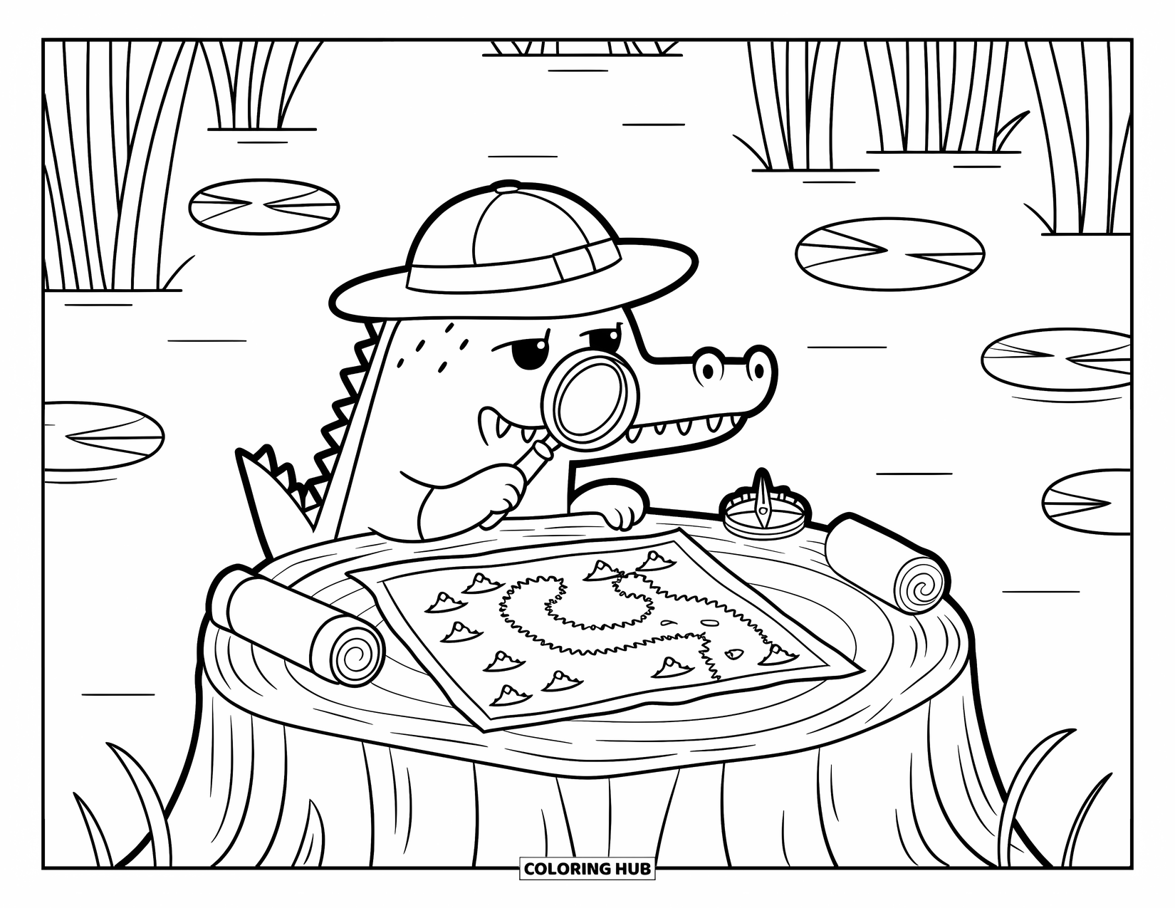 Disegno da colorare di un coccodrillo per adulti: Un coccodrillo esploratore usa una lente d'ingrandimento per controllare una mappa del tesoro della palude