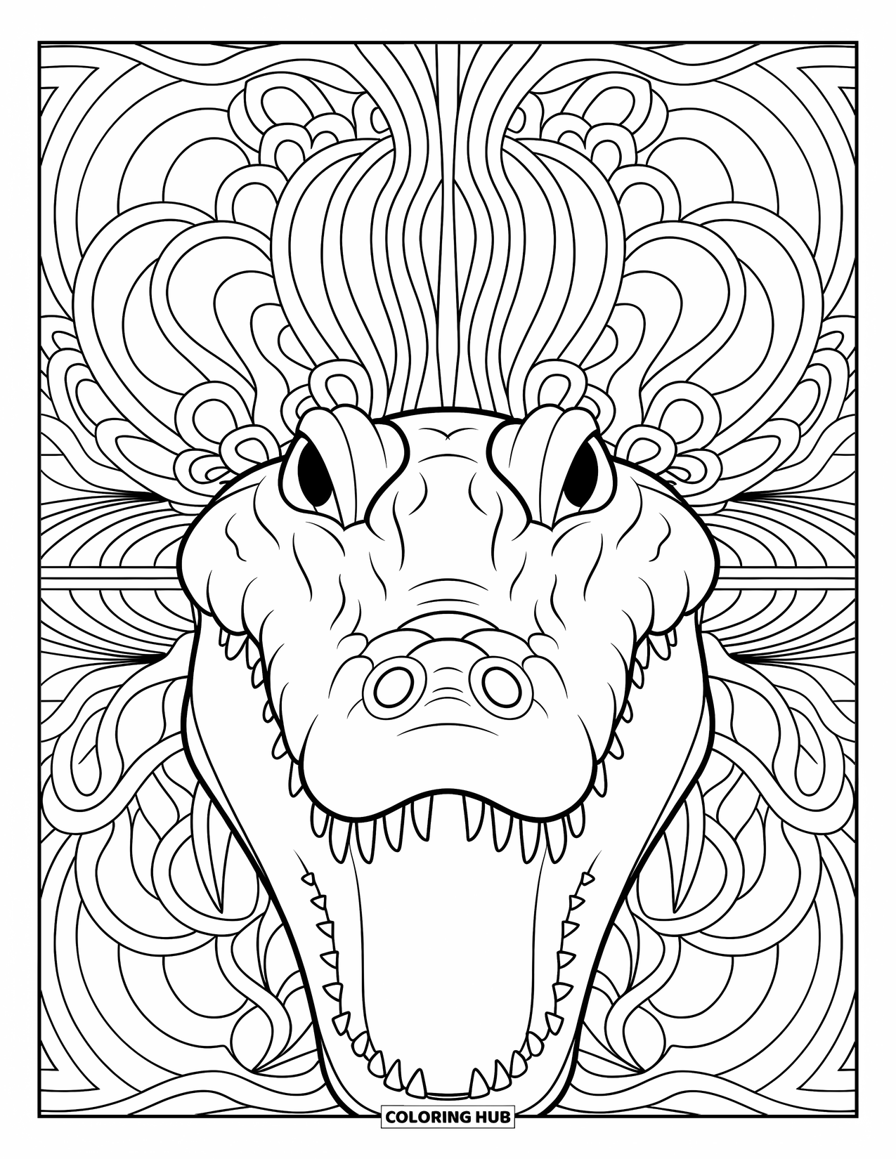 Disegno da colorare di un coccodrillo per adulti: Un feroce volto di coccodrillo appare con spirali dettagliate e sfondo riempito di linee