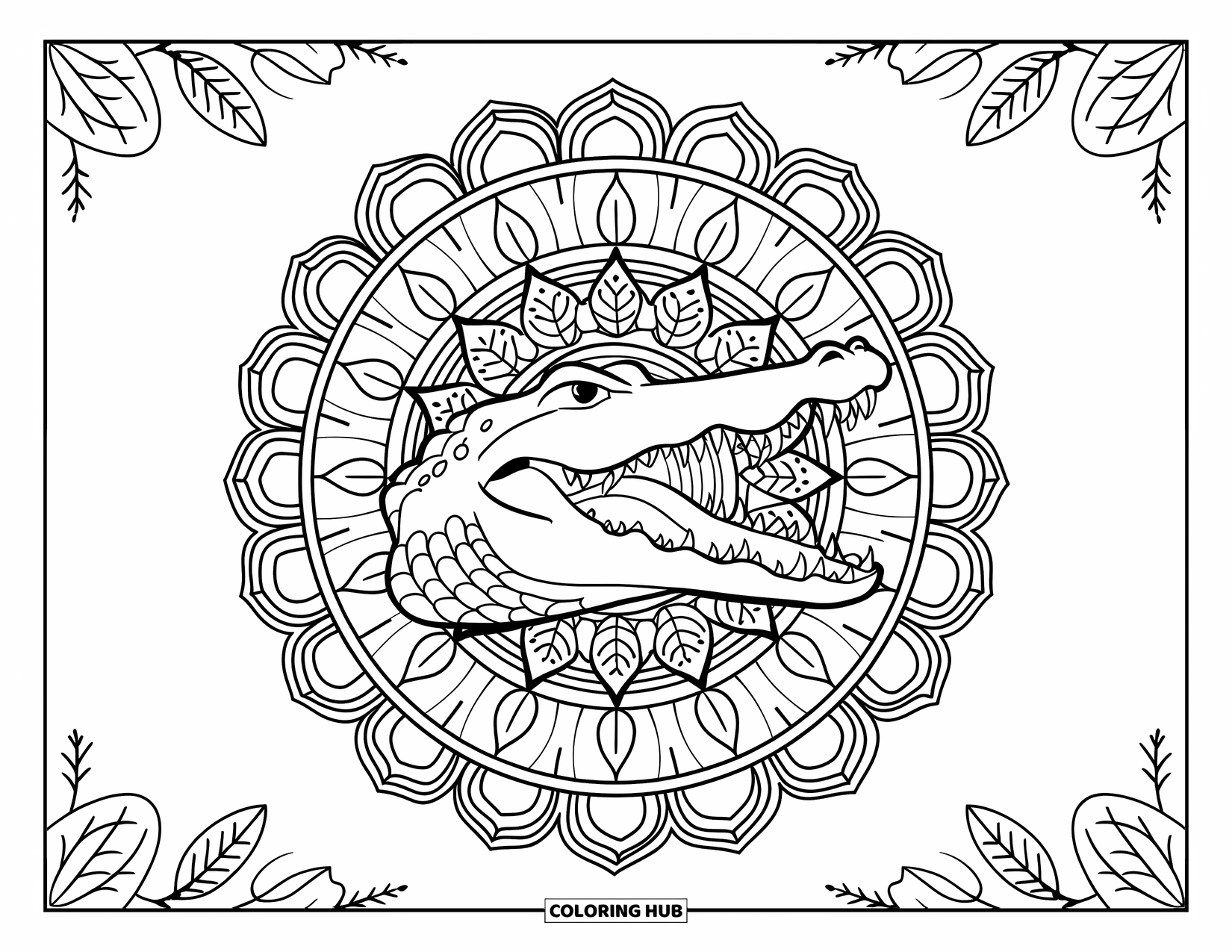 Disegno da colorare di un coccodrillo per adulti: Un coccodrillo a bocca aperta appare da un mandala con foglie, fiori e forme