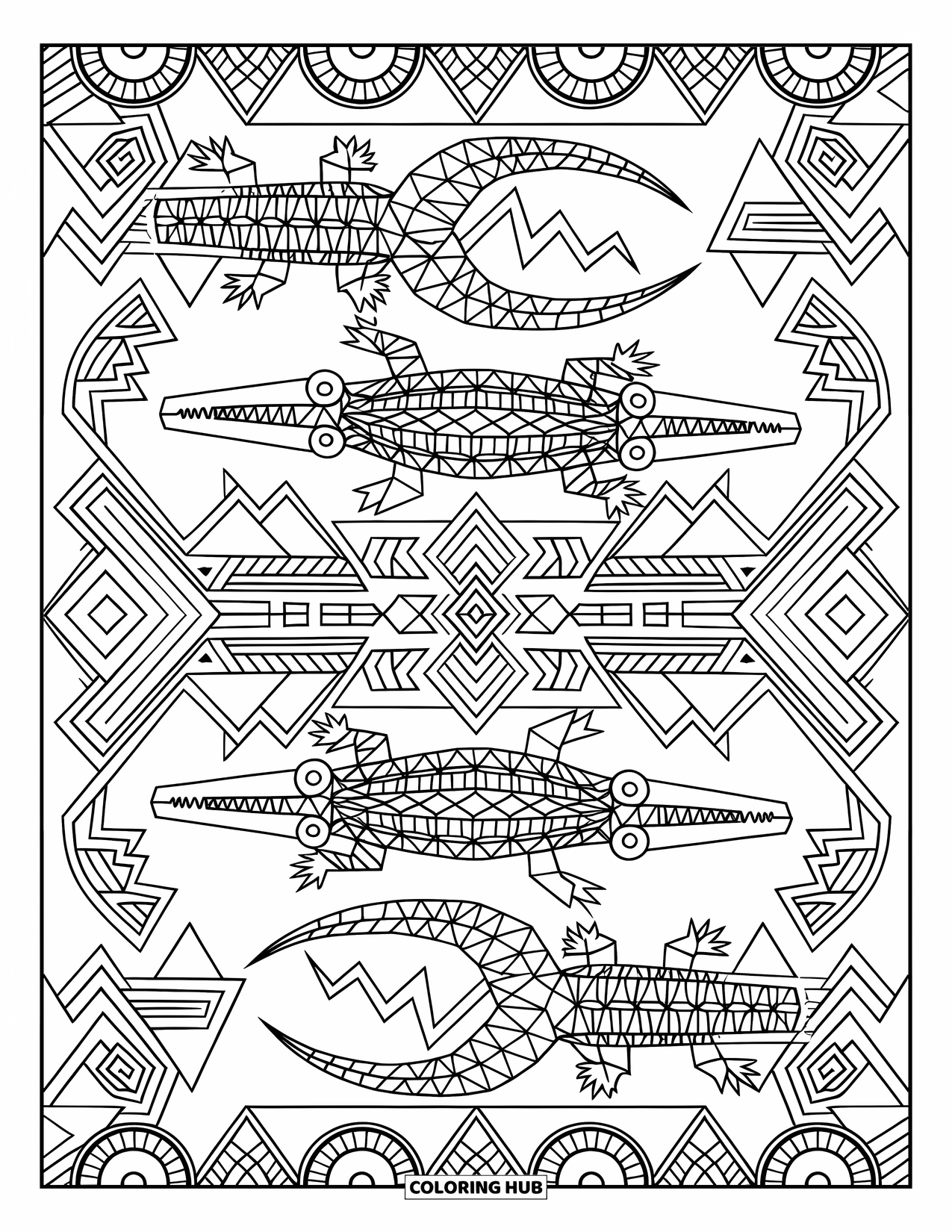 Disegno da colorare di un coccodrillo per adulti: Forme di coccodrillo ripetute si fondono con dettagliati motivi tribali e geometrici