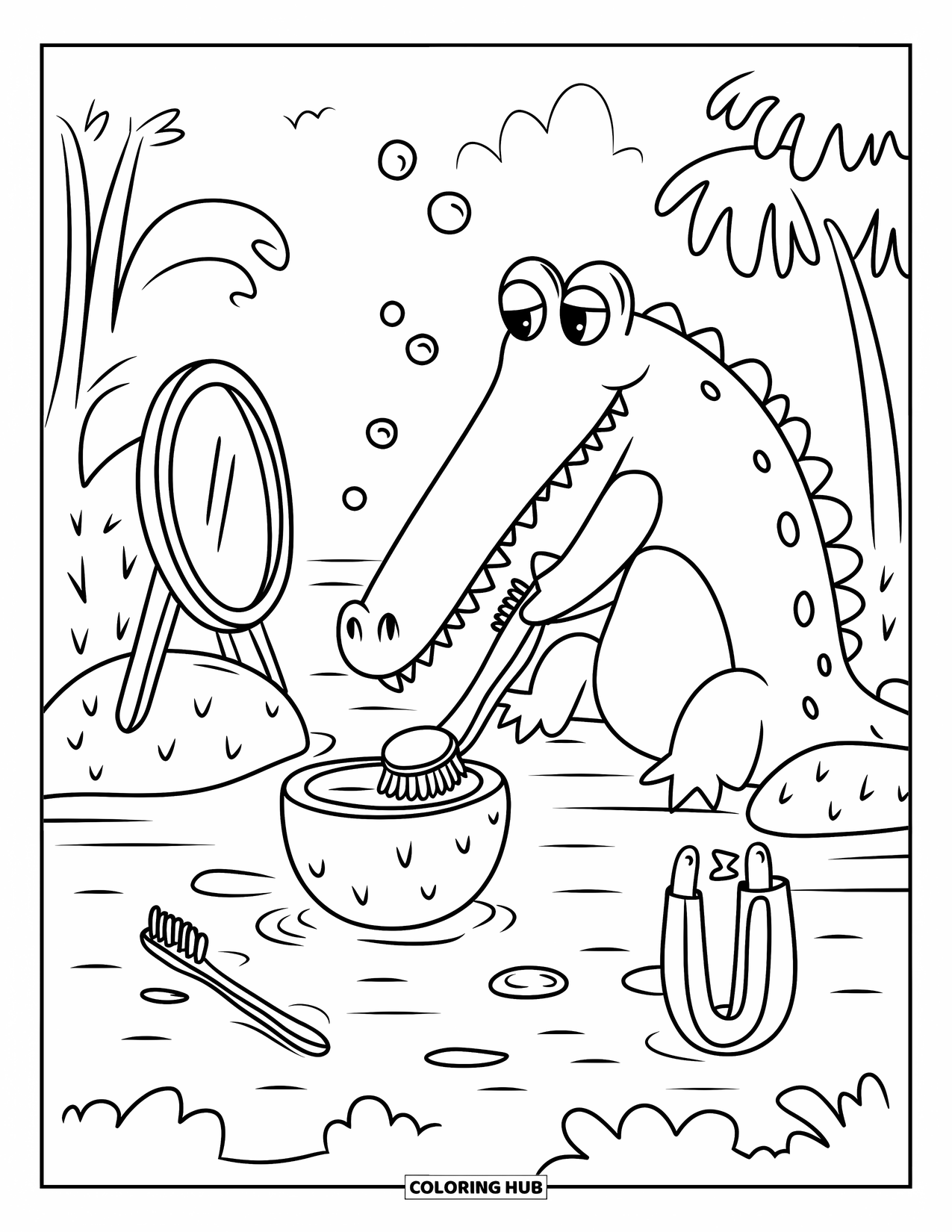 Disegno da colorare di coccodrillo per adulti: Un coccodrillo in riva al fiume si lava i denti con bolle che fluttuano intorno e un porta spazzolino a forma di rana nelle vicinanze