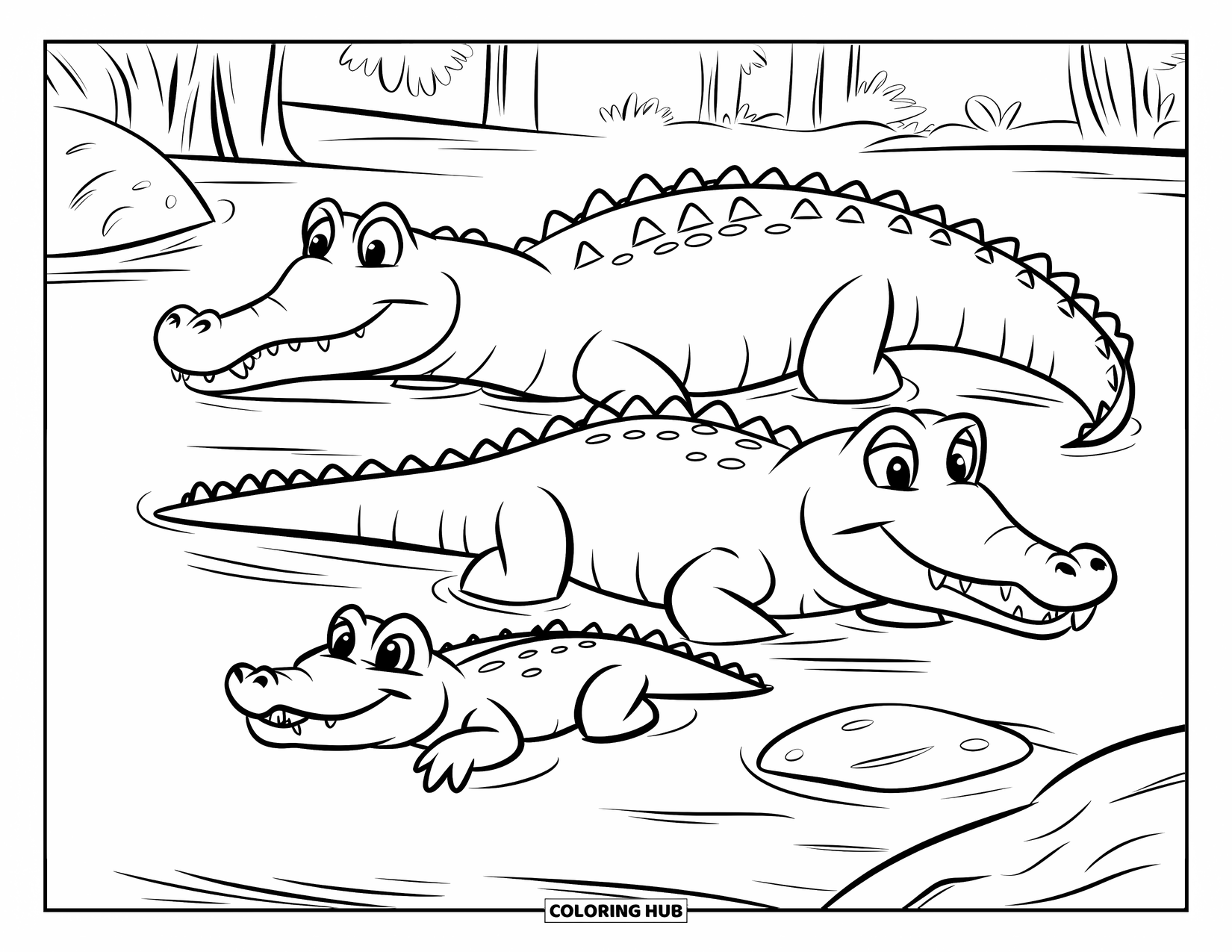 Disegno da colorare di coccodrillo per bambini: Un cucciolo di coccodrillo segue la sua mamma attraverso un fiume circondato da alberi