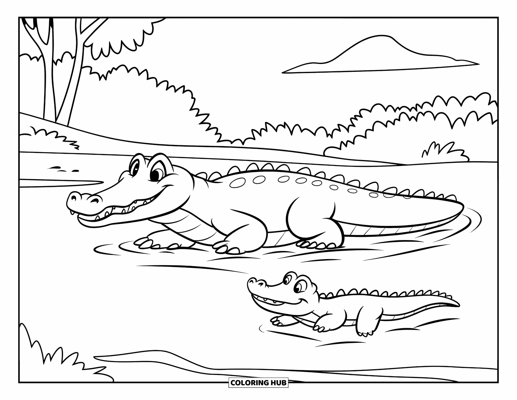 Disegno da colorare di coccodrillo per bambini: Un cucciolo di coccodrillo nuota dietro la mamma in un fiume con alberi e nuvole