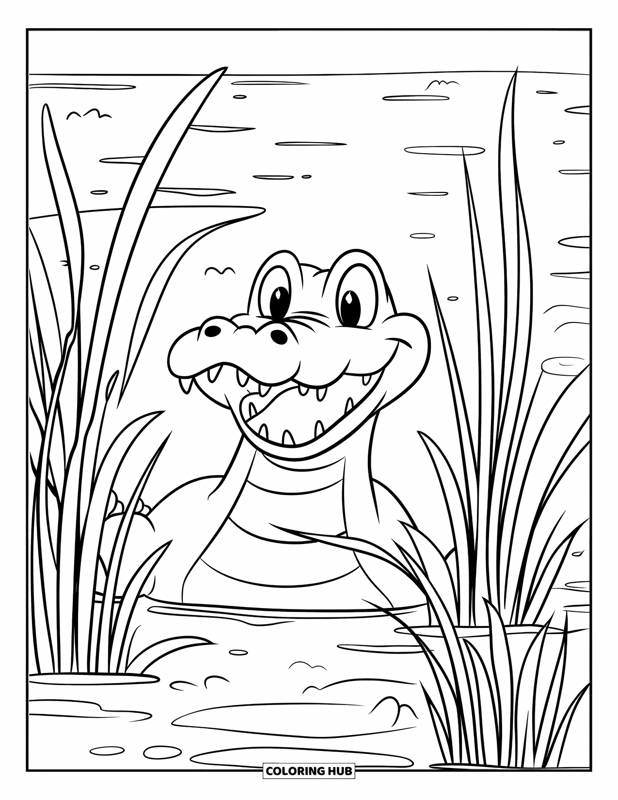 Disegno da colorare di coccodrillo per bambini: Un coccodrillo allegro sorride dietro l'erba alta accanto a un lago calmo