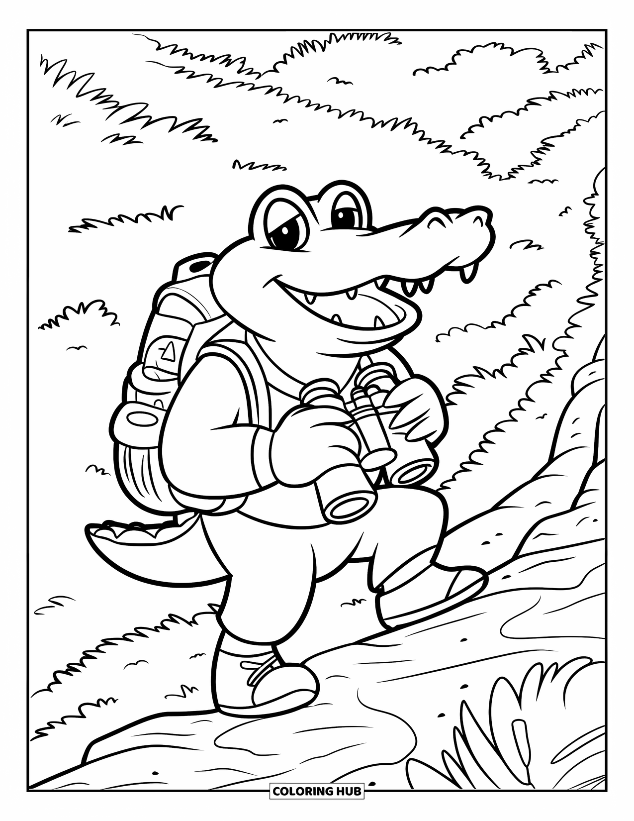 Disegno da colorare di coccodrillo per bambini: Un coccodrillo allegro cammina con uno zaino attraverso rigogliosi sentieri verdi