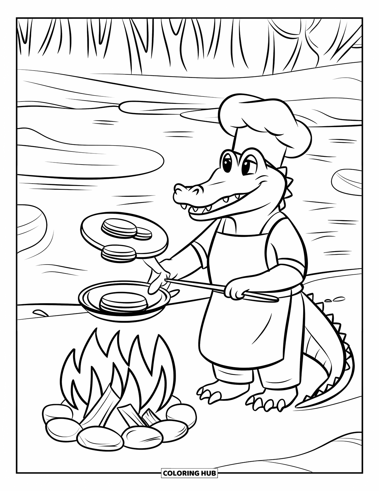 Disegno da colorare di coccodrillo per bambini: Un coccodrillo chef cucina frittelle vicino a un falò vicino ad alberi e acqua