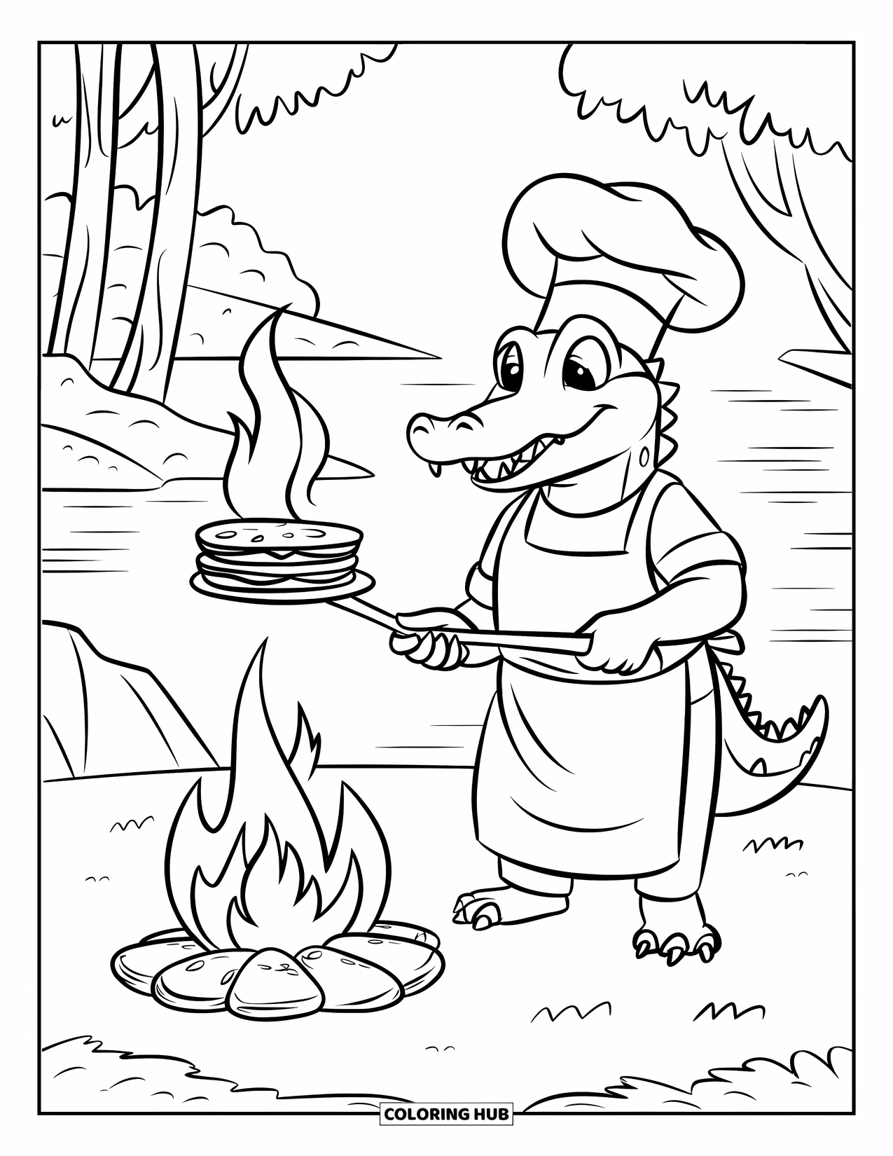 Disegno da colorare di coccodrillo per bambini: Un coccodrillo chef prepara frittelle su un falò vicino al fiume