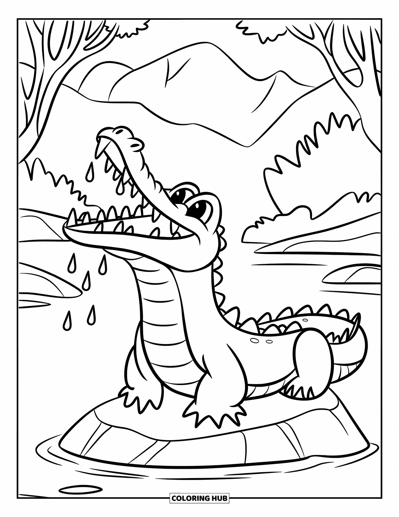 Disegno da colorare di coccodrillo per bambini: Un coccodrillo cattura la pioggia mentre è appollaiato su una roccia con montagne sullo sfondo