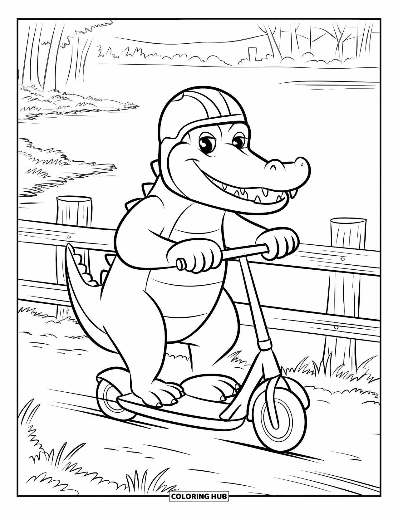 Disegno da colorare di coccodrillo per bambini: Un coccodrillo percorre un sentiero paludoso su uno scooter vicino ad alberi e recinzioni