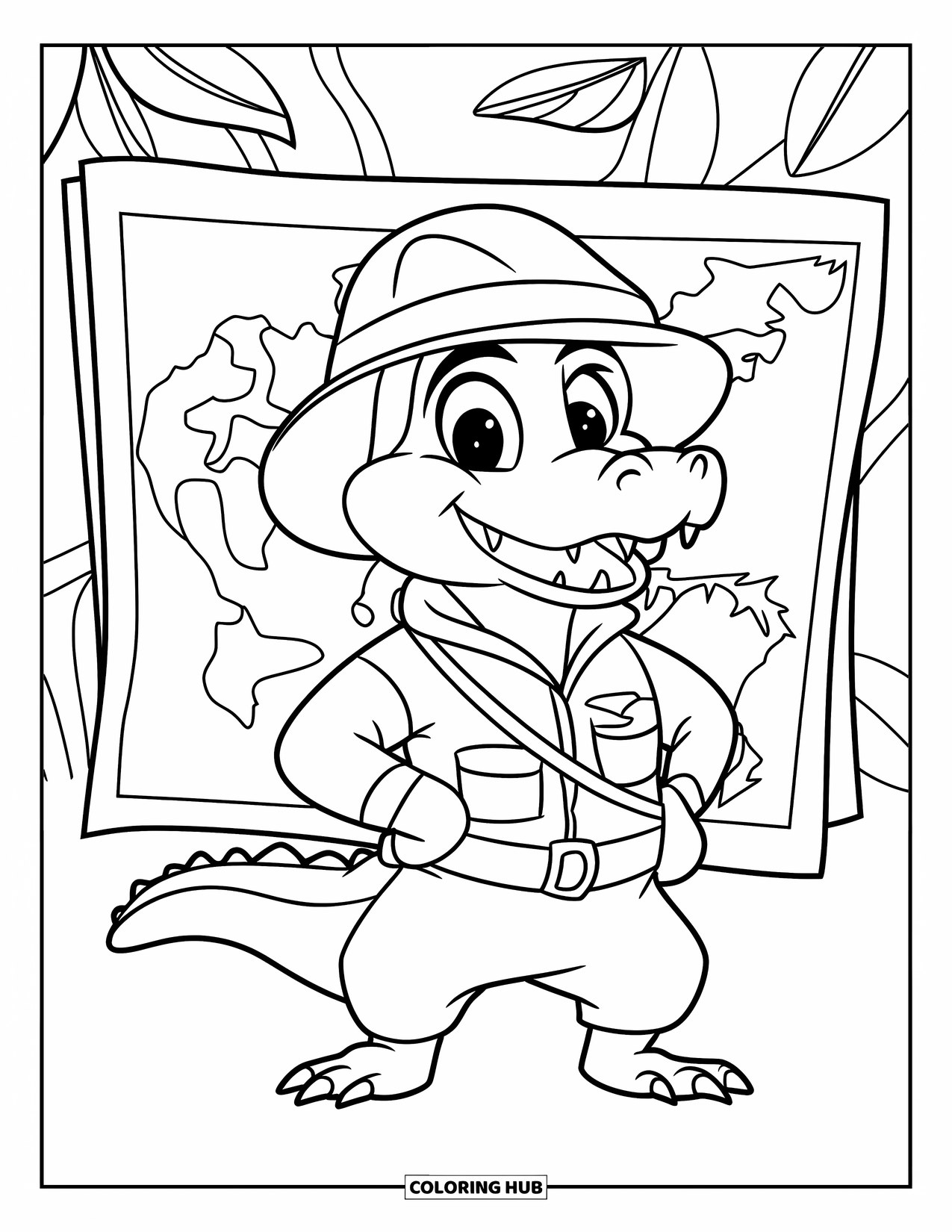 Disegno da colorare di coccodrillo per bambini: Un coccodrillo esploratore si trova accanto a una mappa della giungla tra alberi e viti