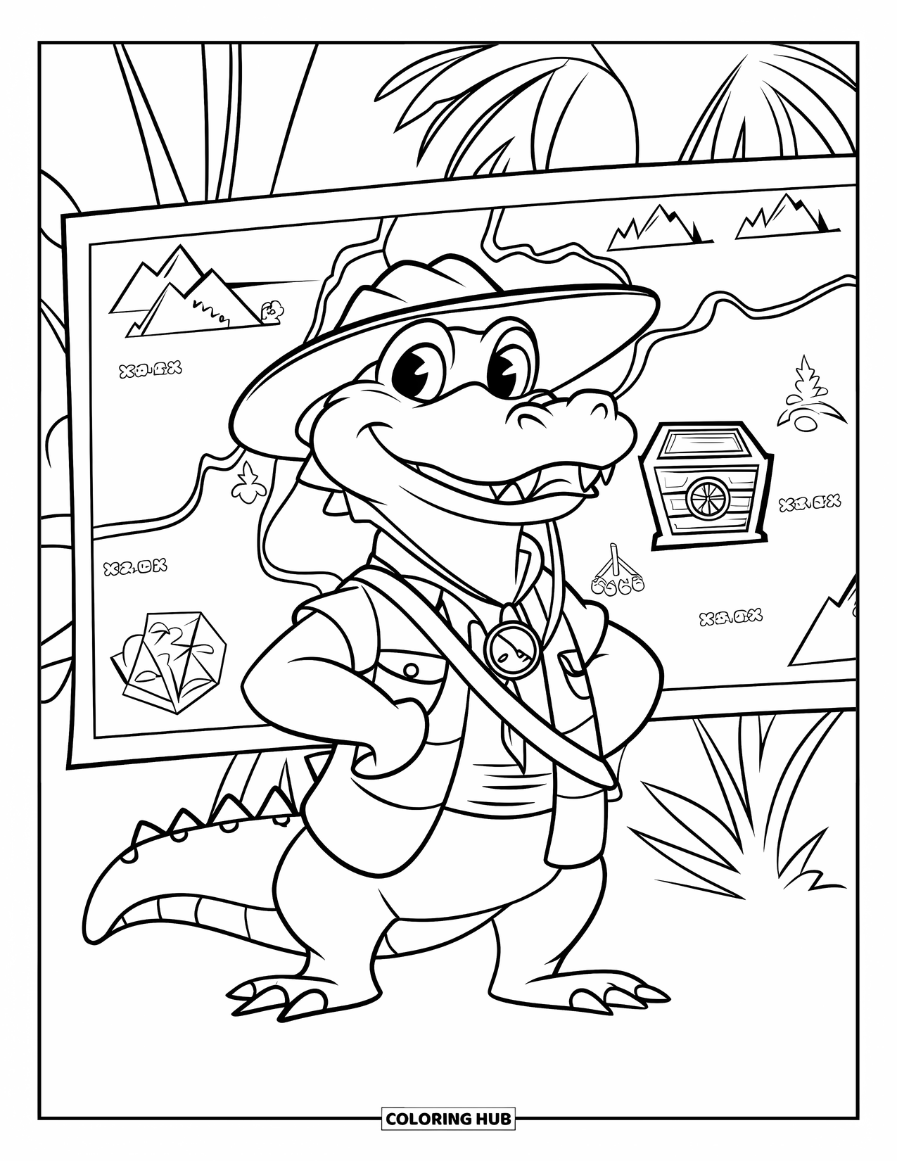 Disegno da colorare di coccodrillo per bambini: Un coccodrillo esploratore con attrezzatura studia una mappa della giungla contrassegnata con un tesoro