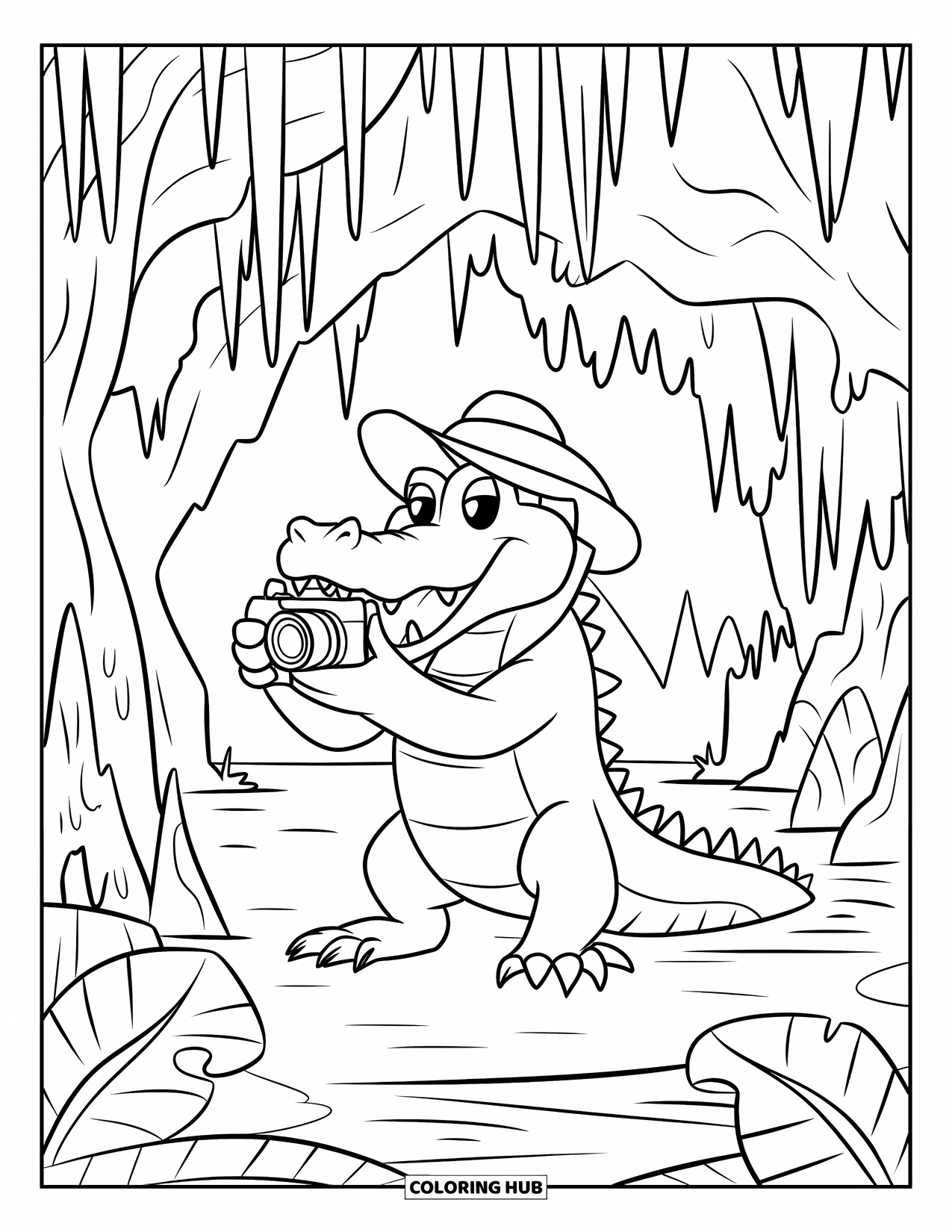 Disegno da colorare di coccodrillo per bambini: Un coccodrillo esplora una grotta nascosta e scatta foto delle sue meraviglie rocciose