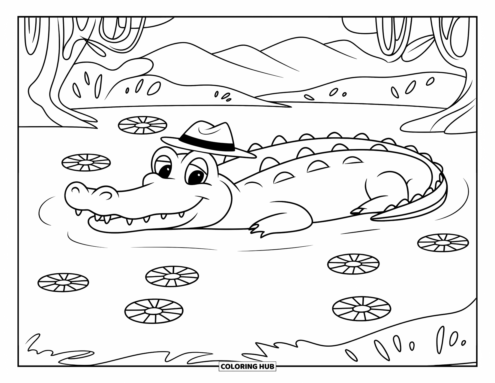 Disegno da colorare di coccodrillo per bambini: Un coccodrillo galleggia in uno stagno circondato da fiori e sorride felicemente