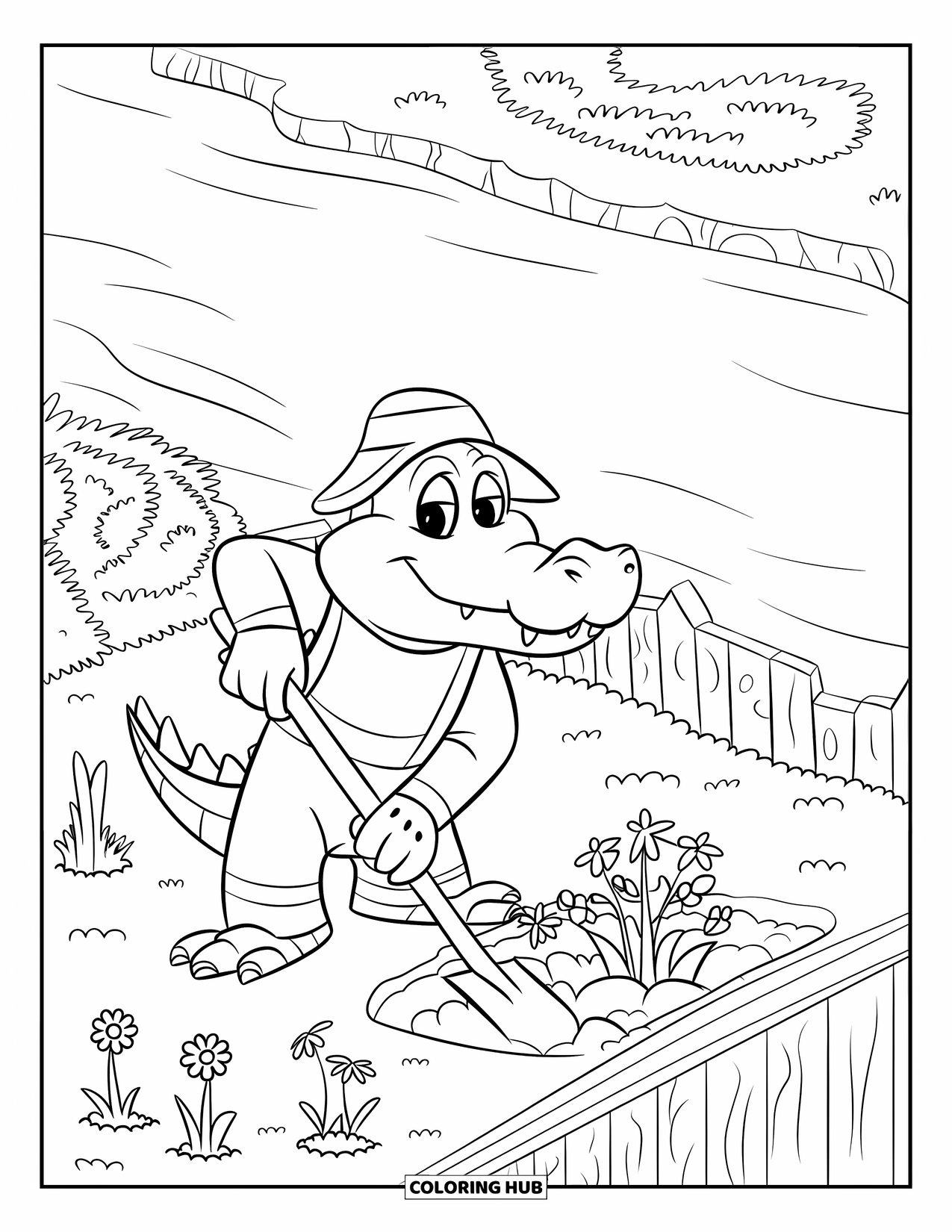 Disegno da colorare di coccodrillo per bambini: Un coccodrillo giardiniere scava con una pala in un giardino in riva al fiume con una recinzione