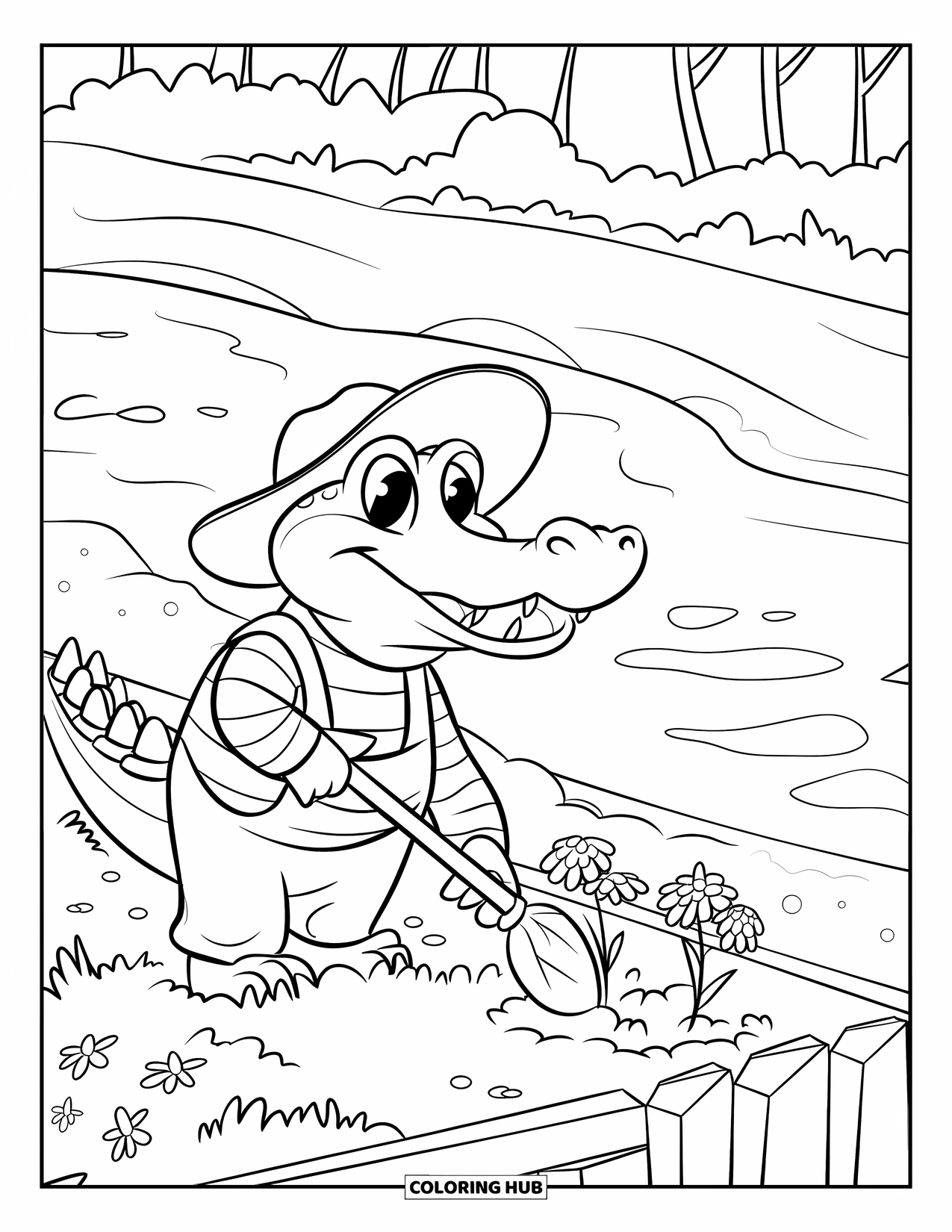 Disegno da colorare di coccodrillo per bambini: Un coccodrillo giardiniere pianta fiori vicino a un fiume, indossando una maglietta a righe e un cappello