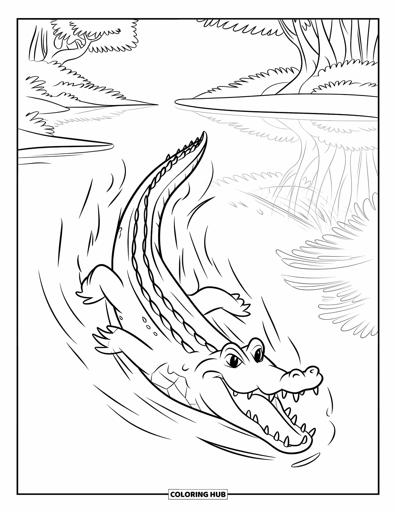 Disegno da colorare di coccodrillo per bambini: Un coccodrillo scivola attraverso acque limpide della giungla sotto alberi alti e viti