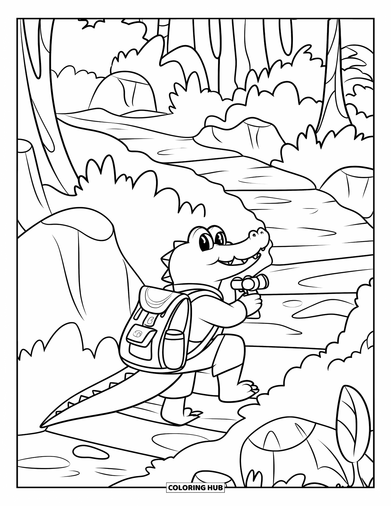 Disegno da colorare di coccodrillo per bambini: Un coccodrillo percorre un sentiero roccioso con binocolo e zaino