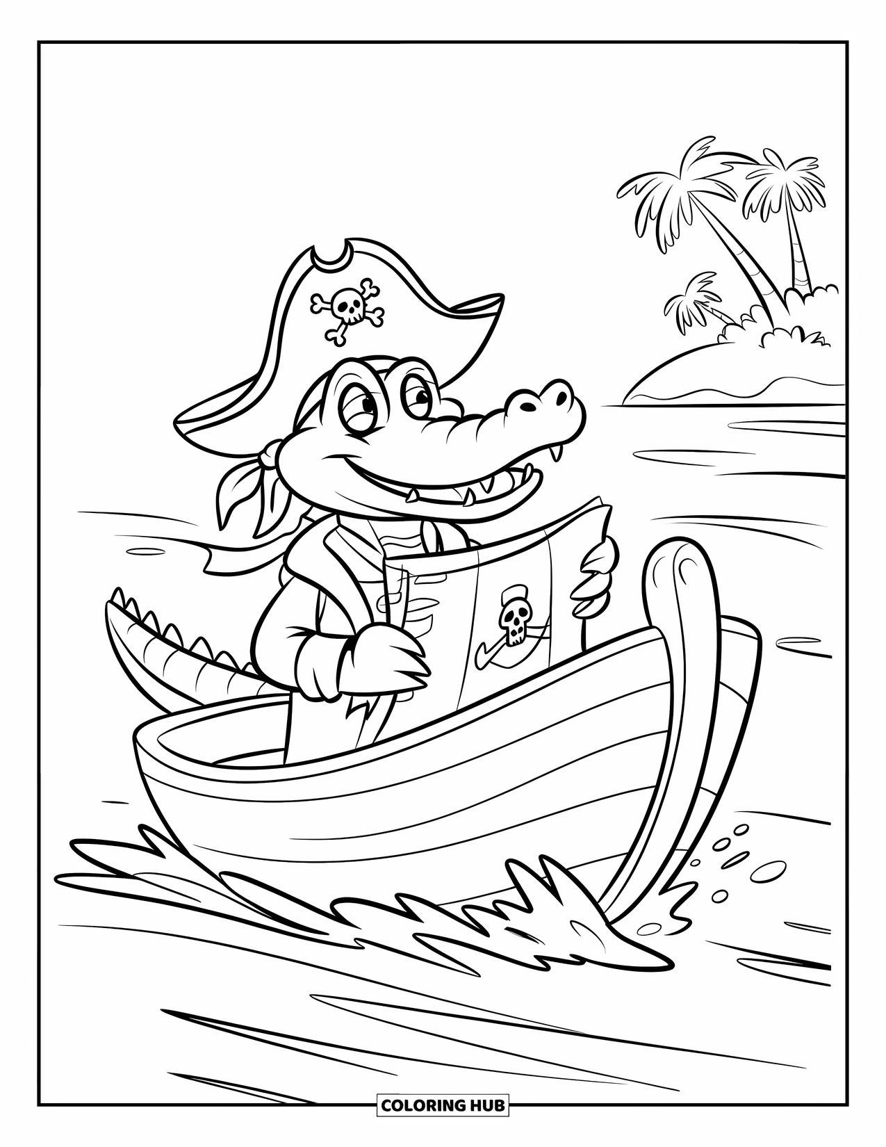 Disegno da colorare di coccodrillo per bambini: Un coccodrillo con un cappello e una bandana guida una barca su acque pirata agitate
