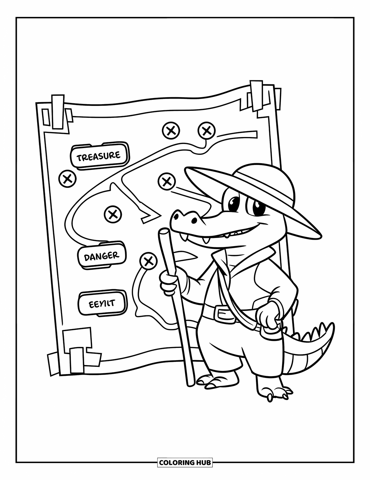 Disegno da colorare di coccodrillo per bambini: Un coccodrillo con un casco indica una mappa contrassegnata con “Tesoro” e “Uscita”