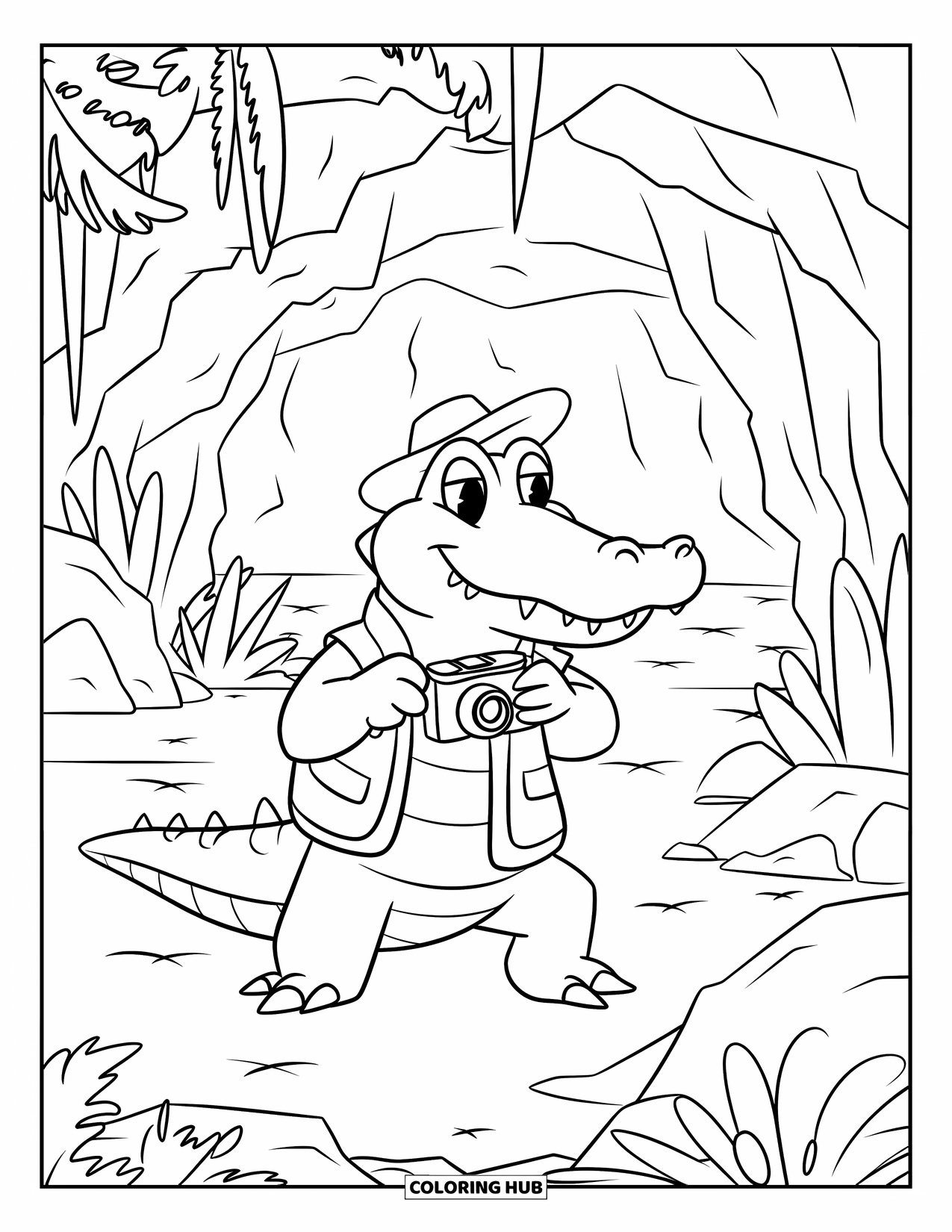 Disegno da colorare di coccodrillo per bambini: Un coccodrillo con un gilet scatta foto di grotte vicino a piante e un ingresso roccioso