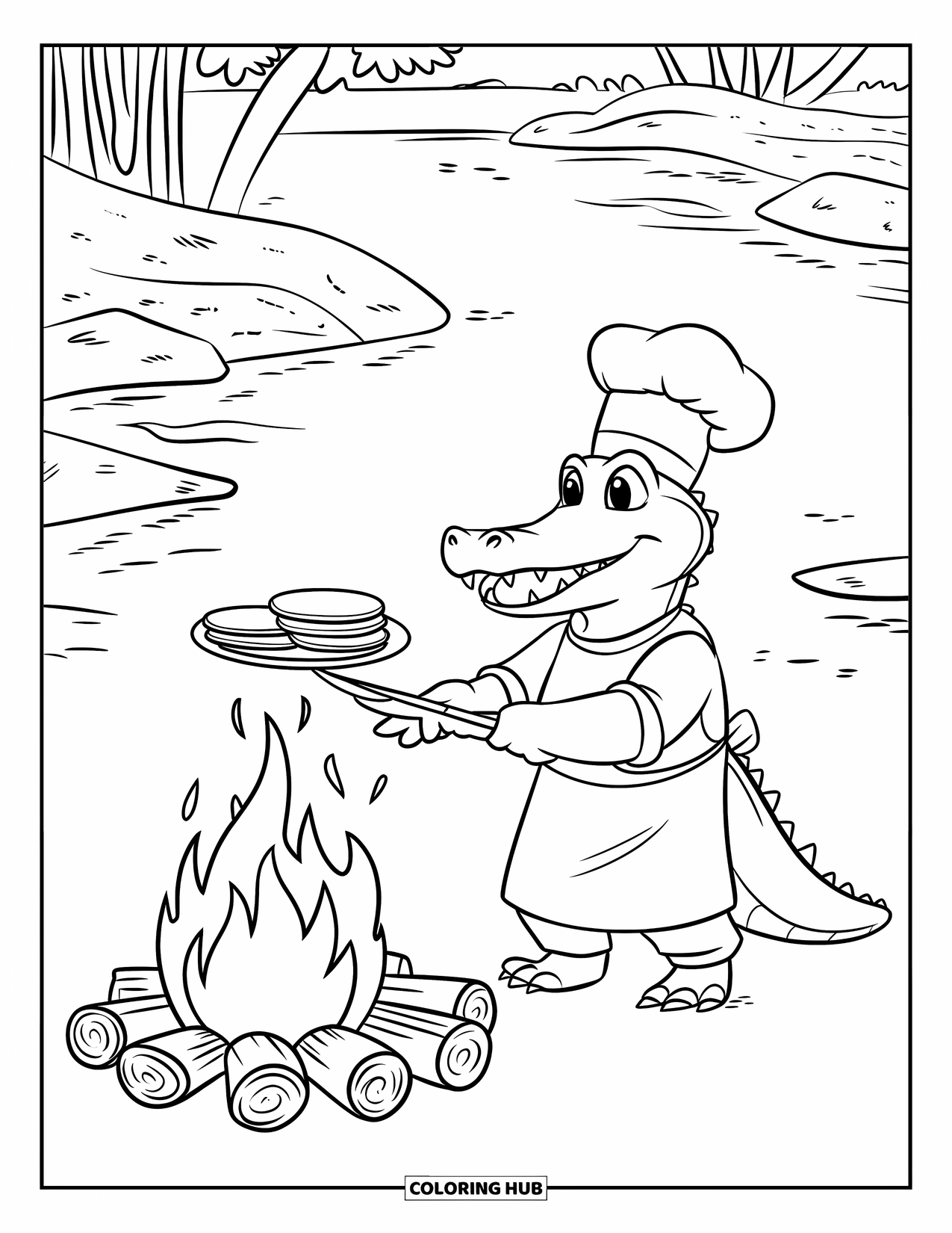 Disegno da colorare di coccodrillo per bambini: Un coccodrillo con un grembiule prepara frittelle accanto a un falò con tronchi e fiume