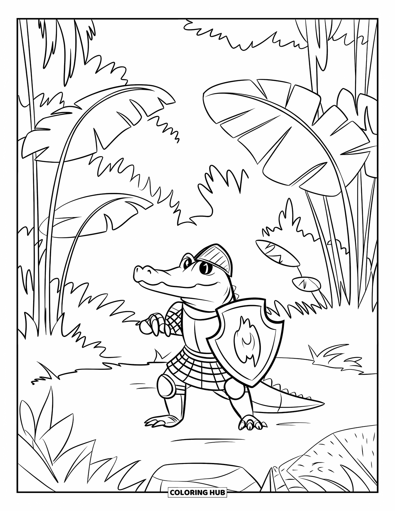 Disegno da colorare di coccodrillo per bambini: Un coccodrillo in armatura si erge su una pietra in una radura con grandi foglie