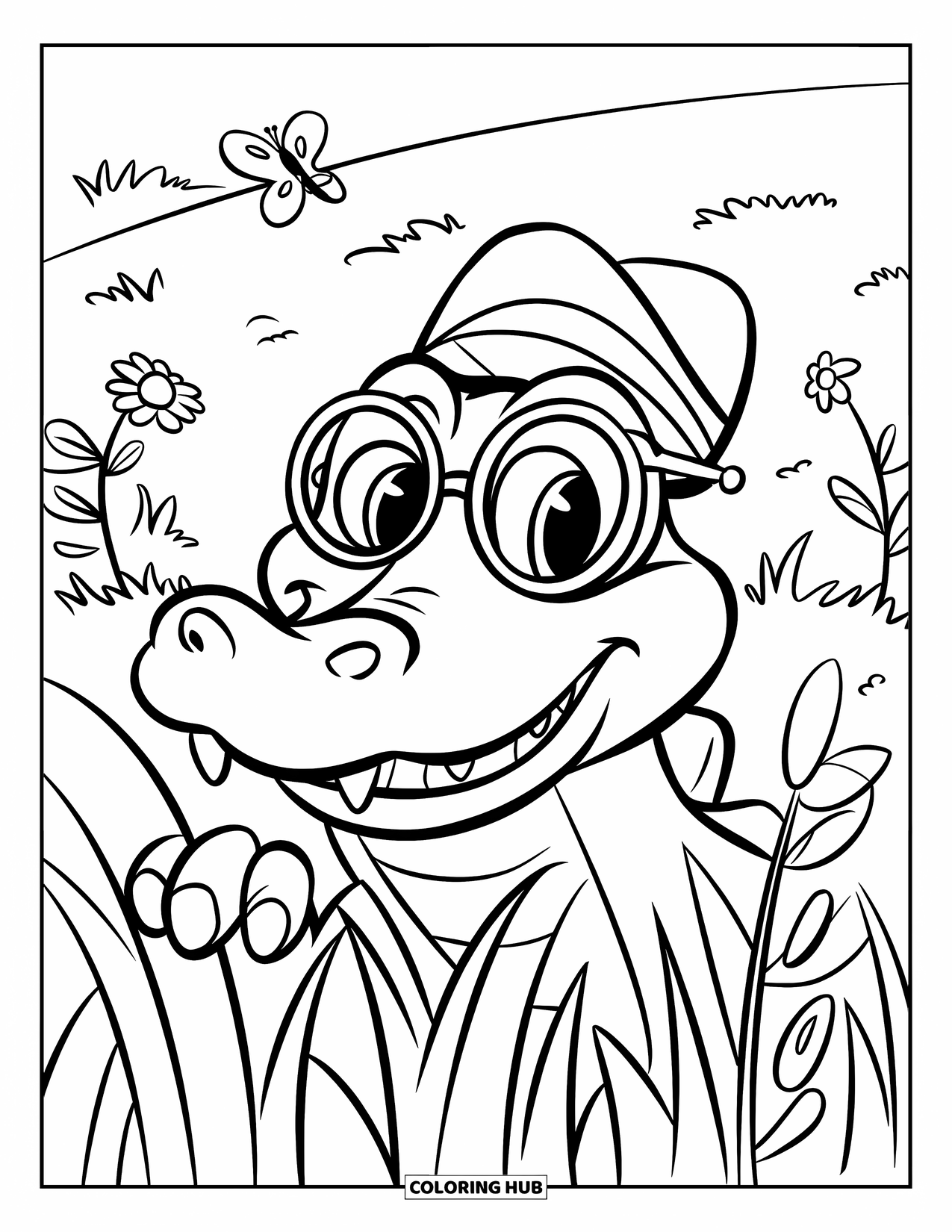 Disegno da colorare di coccodrillo per bambini: Un coccodrillo con occhiali e un cappello sbircia attraverso l'erba alta con farfalle nelle vicinanze