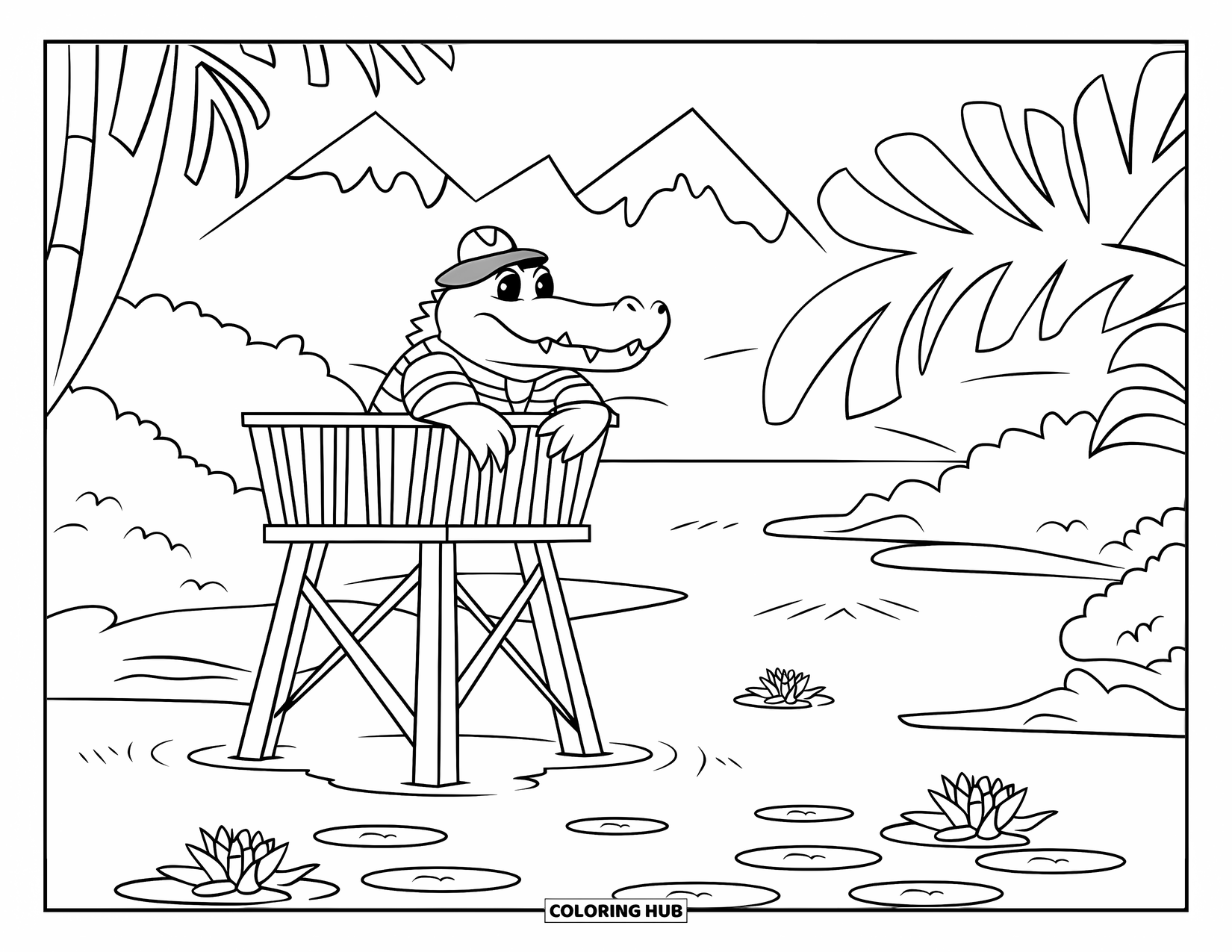 Disegno da colorare di coccodrillo per bambini: Un coccodrillo a righe e con un cappello scruta il fiume da una torre con ninfee