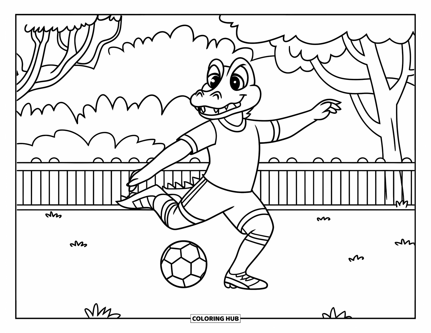 Disegno da colorare di coccodrillo per bambini: Un coccodrillo tira un pallone da calcio attraverso un campo con alberi sullo sfondo