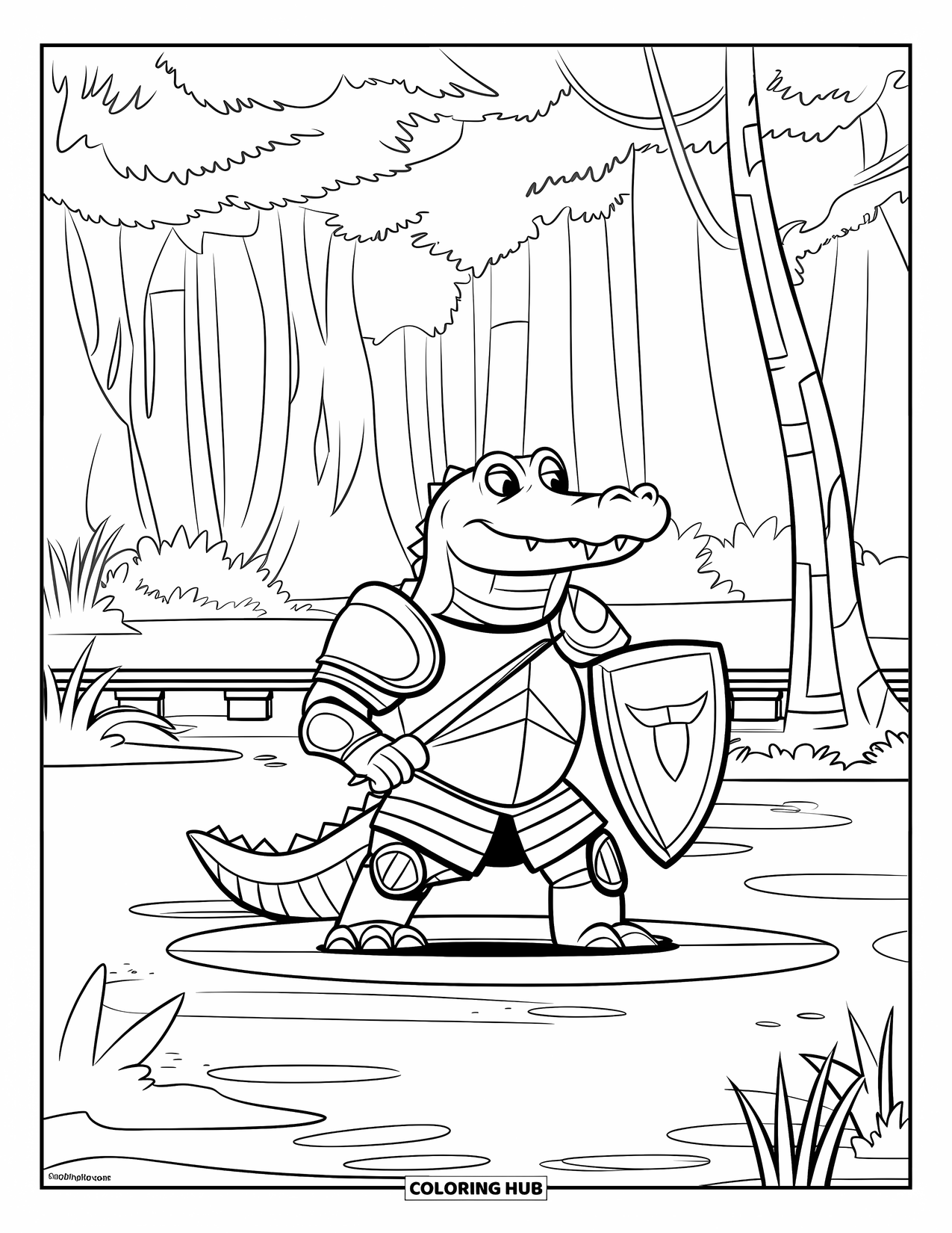 Disegno da colorare di coccodrillo per bambini: Un coccodrillo cavaliere in armatura tiene uno scudo su una piattaforma paludosa nella giungla