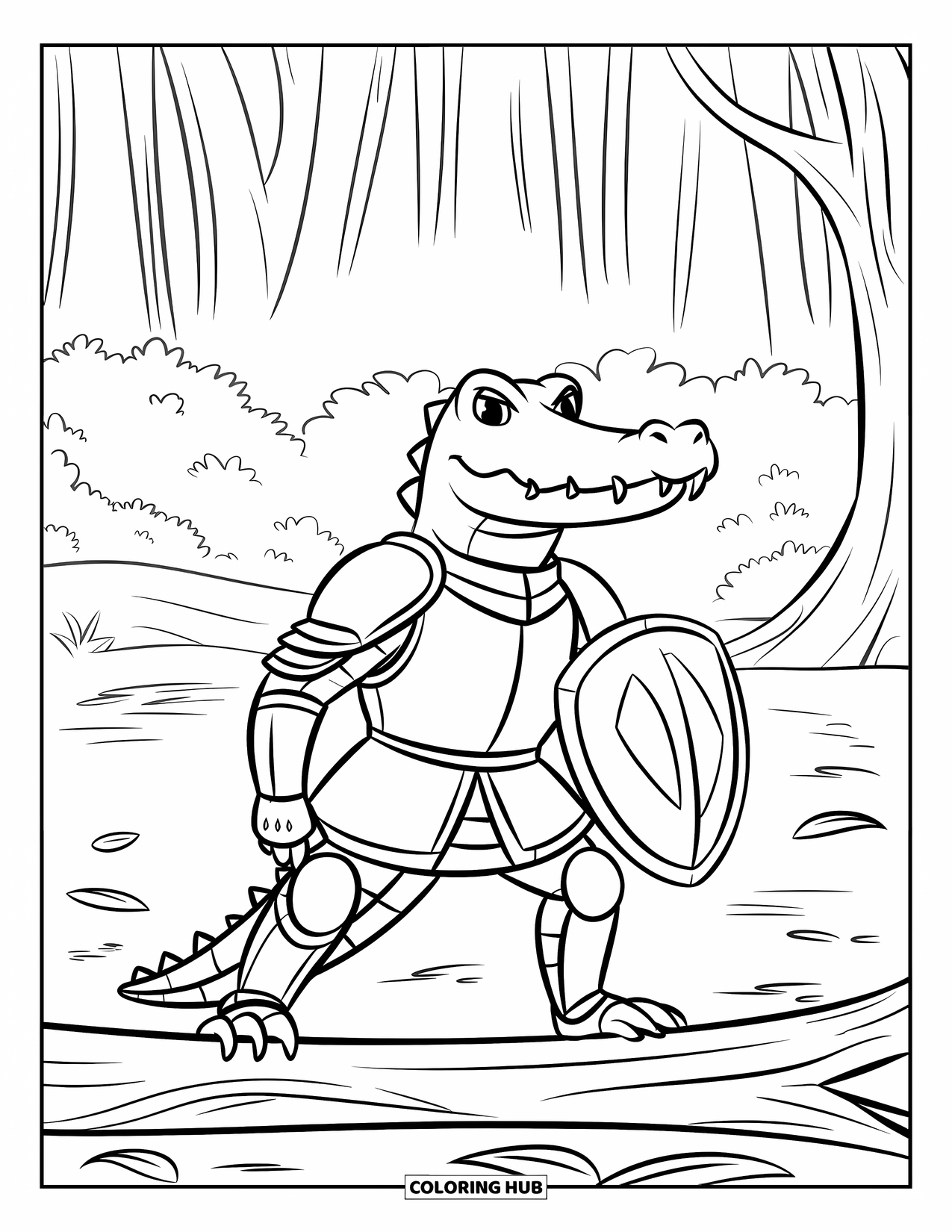 Disegno da colorare di coccodrillo per bambini: Un coccodrillo cavaliere si erge orgogliosamente su un tronco con alberi della giungla sullo sfondo