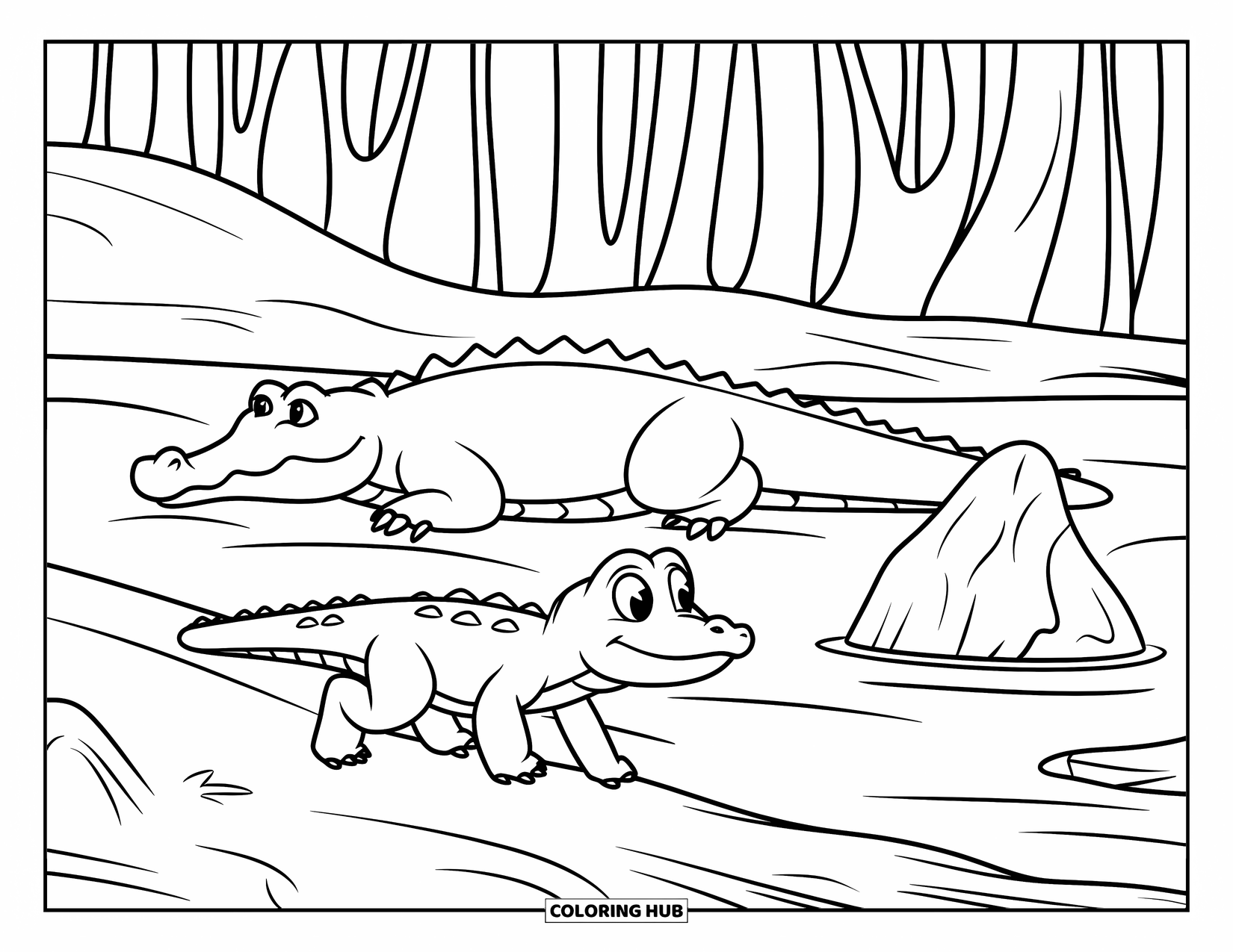 Disegno da colorare di coccodrillo per bambini: Una mamma coccodrillo e il suo cucciolo camminano accanto a rocce e alberi alti vicino al fiume