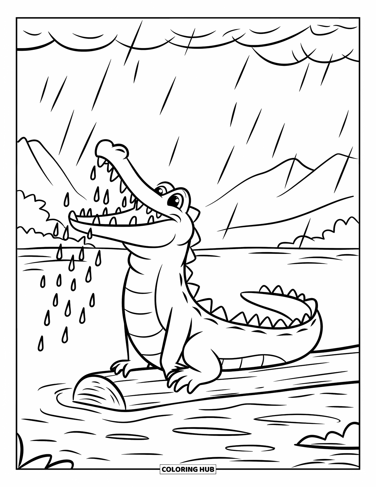 Disegno da colorare di coccodrillo per bambini: Un coccodrillo su un tronco cattura gocce di pioggia sotto un cielo nuvoloso