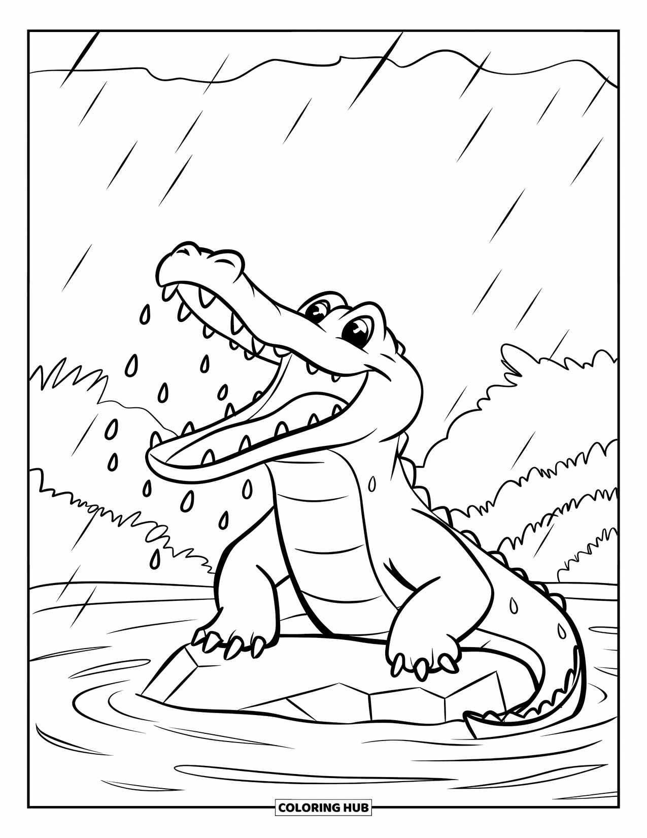 Disegno da colorare di coccodrillo per bambini: Un coccodrillo su una roccia cattura gocce di pioggia con alberi e vegetazione intorno