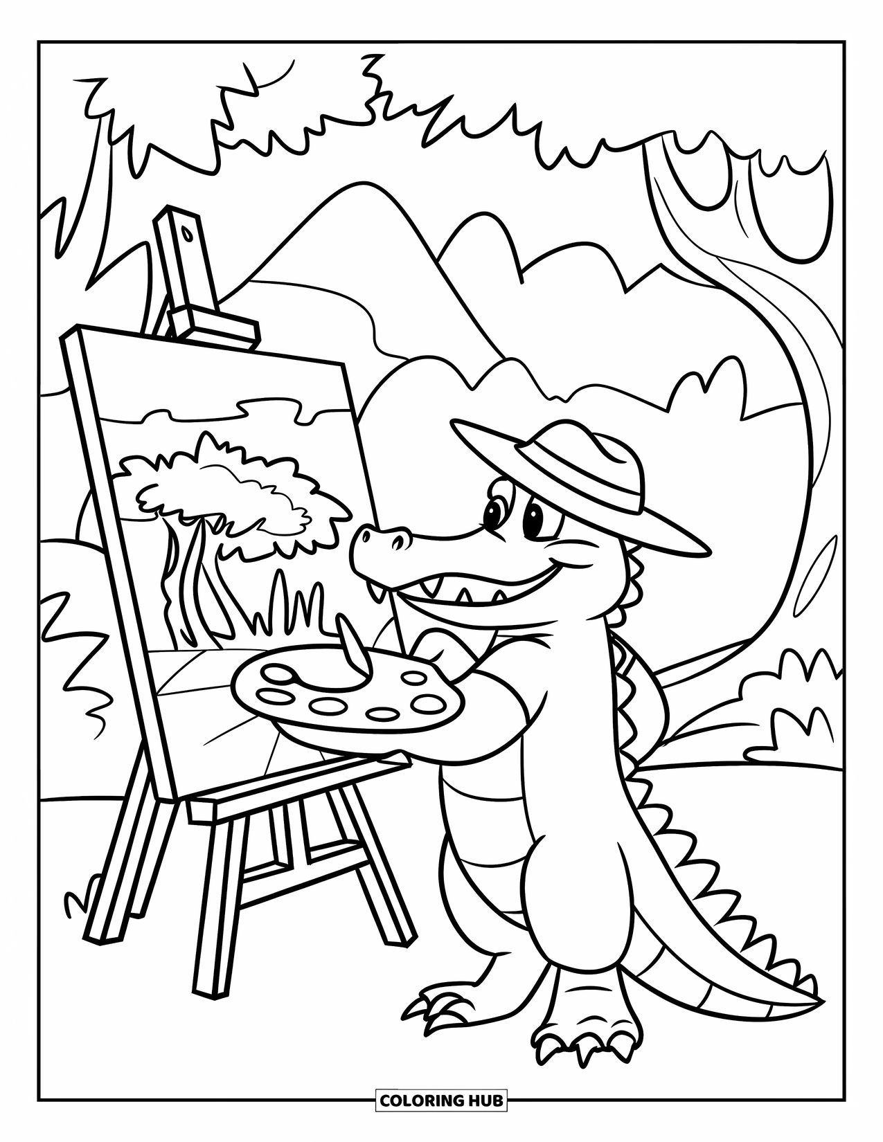 Disegno da colorare di coccodrillo per bambini: Un coccodrillo dipinge una giungla su tela con montagne sullo sfondo