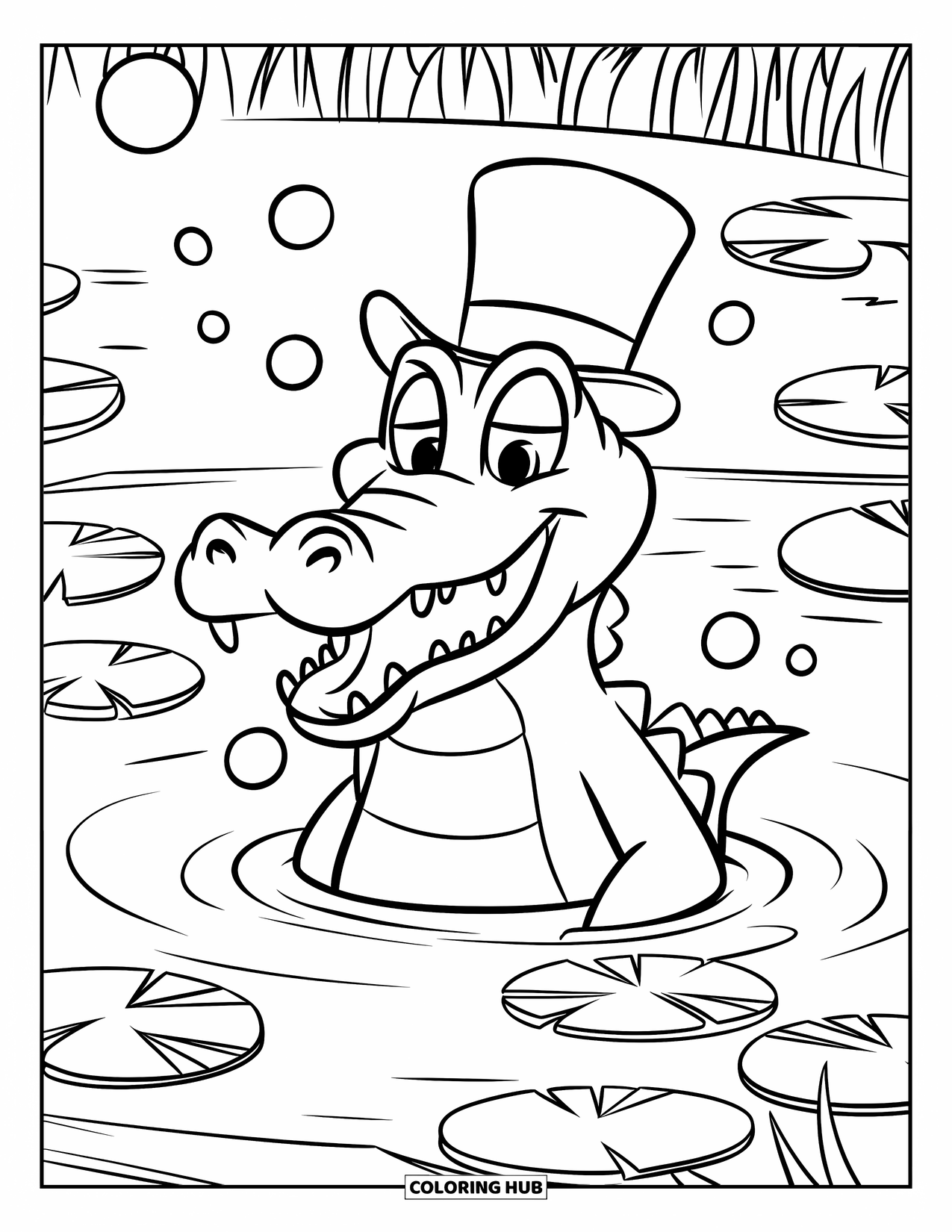 Disegno da colorare di coccodrillo per bambini: Un coccodrillo siede in uno stagno, soffiando bolle sotto un cilindro