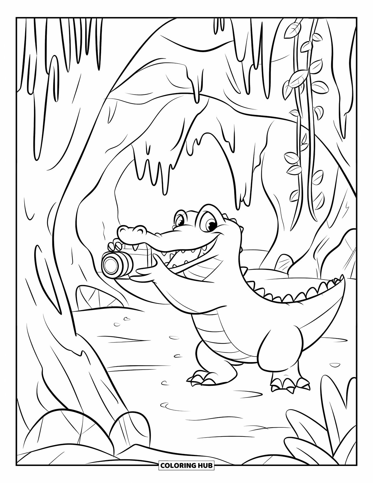 Disegno da colorare di coccodrillo per bambini: Un coccodrillo scatta foto di grotte con la sua macchina fotografica circondato da viti e alberi
