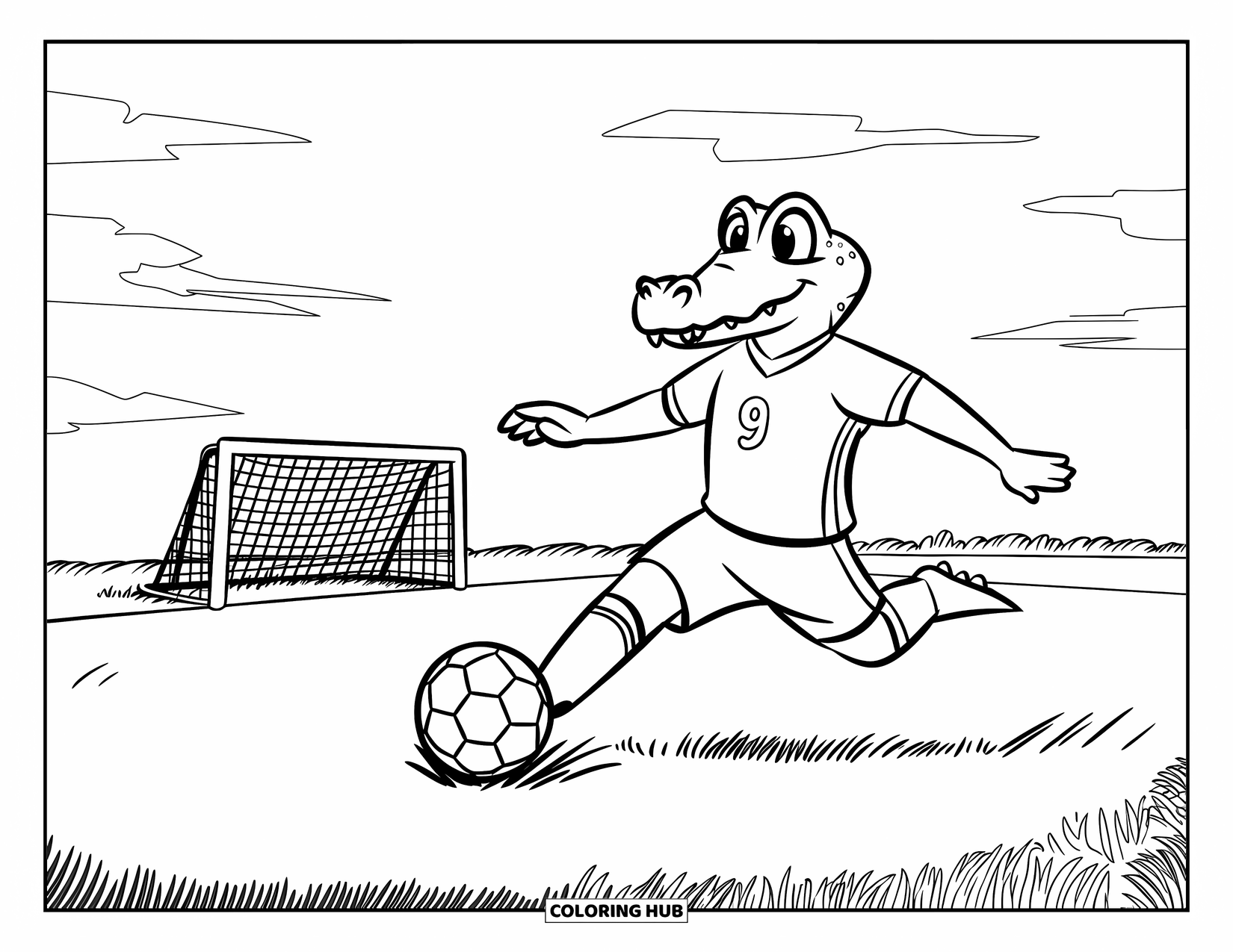 Disegno da colorare di coccodrillo per bambini: Un coccodrillo calciatore con una maglia sorride mentre mira alla porta