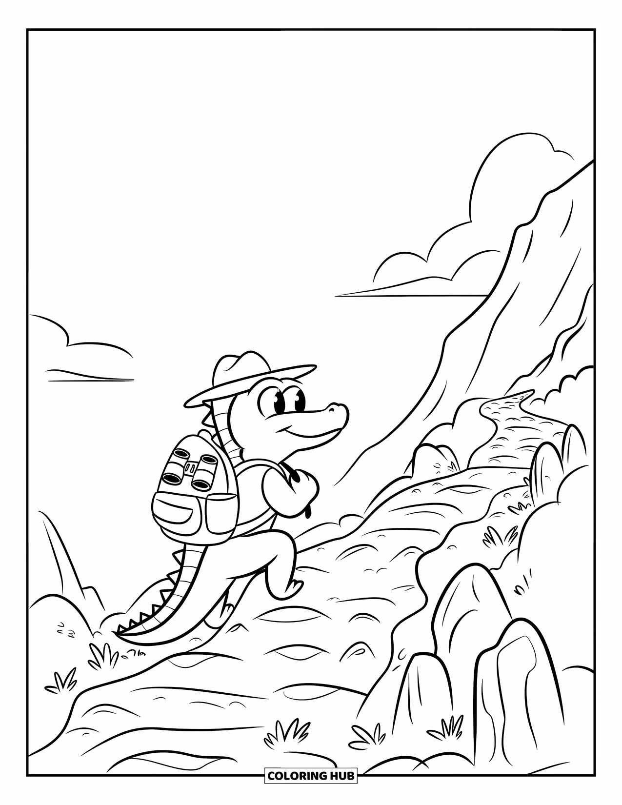 Disegno da colorare di coccodrillo per bambini: Un coccodrillo con un cappello esplora un sentiero roccioso circondato da cielo e alberi
