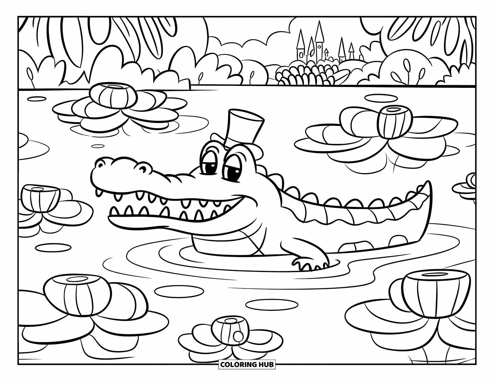 Disegno da colorare di coccodrillo per bambini: Un coccodrillo con un cappello sorride in uno stagno con fiori galleggianti e un castello