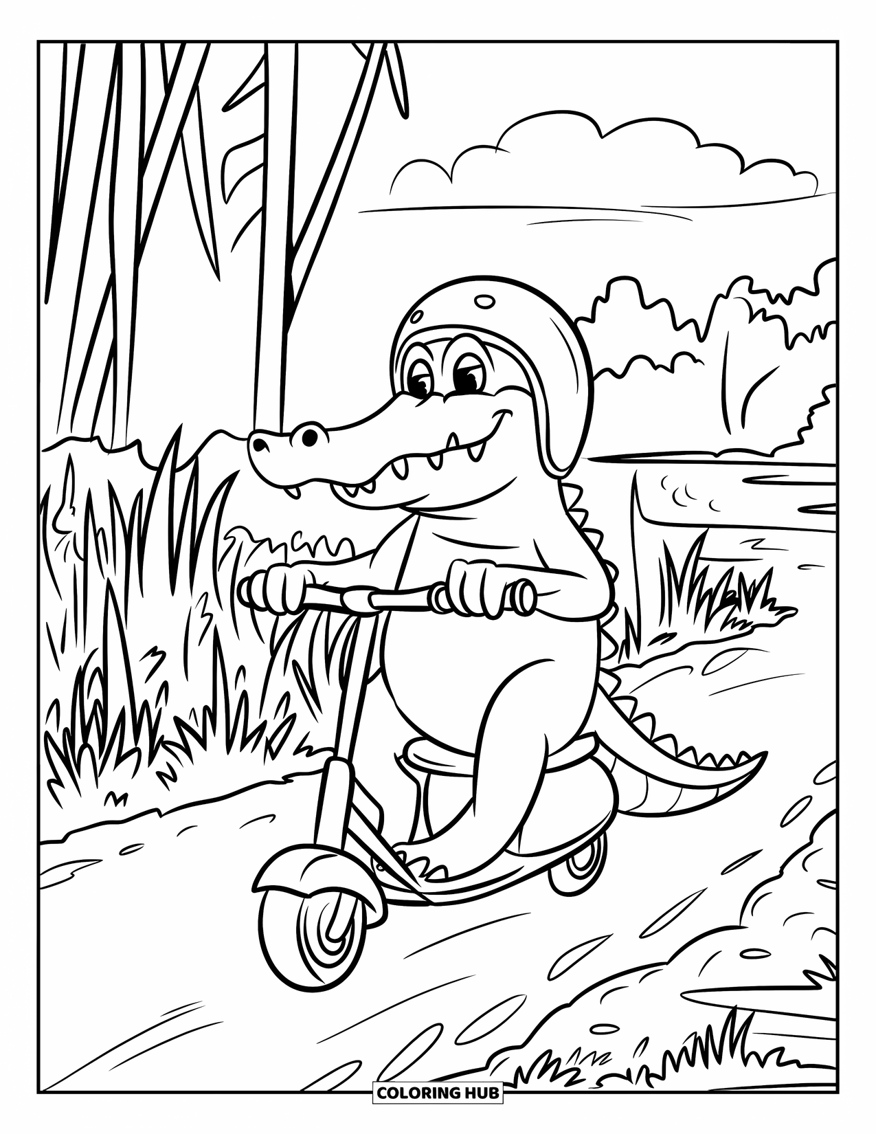 Disegno da colorare di coccodrillo per bambini: Un coccodrillo con un casco guida uno scooter accanto a un sentiero sterrato paludoso