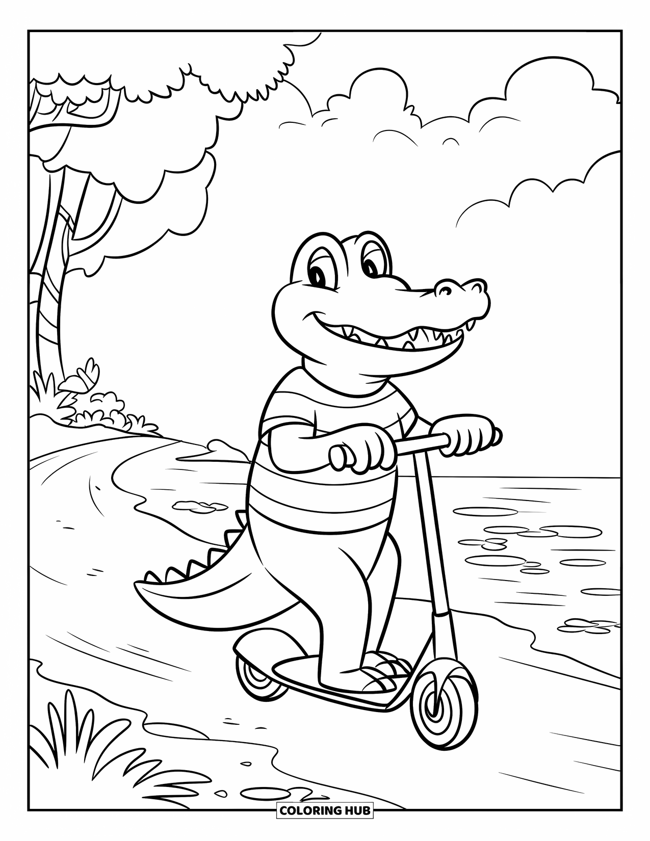 Disegno da colorare di coccodrillo per bambini: Un coccodrillo con una maglietta a righe guida uno scooter accanto ad alberi e cieli nuvolosi