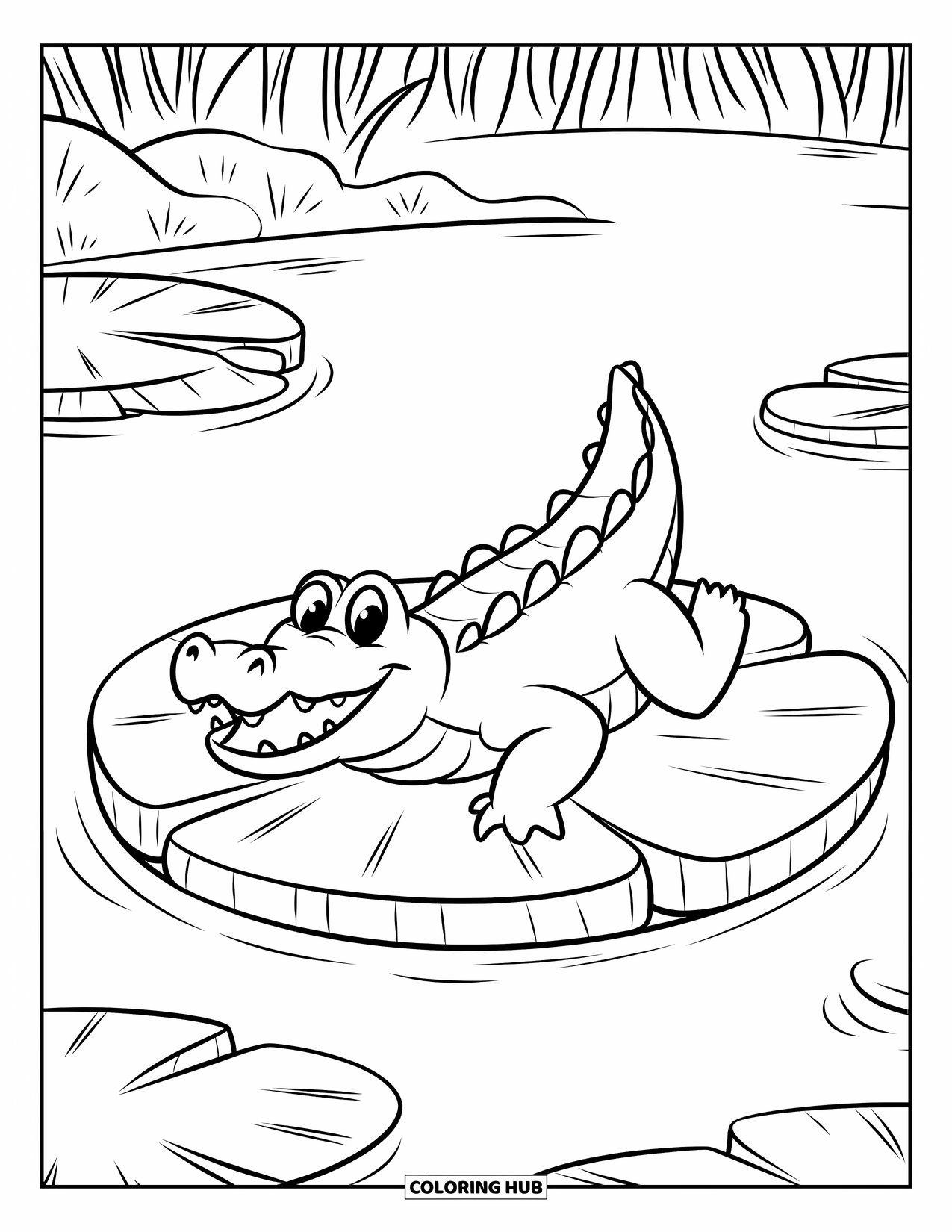 Disegno da colorare di coccodrillo per bambini: Un coccodrillo con occhi luminosi e bocca aperta galleggia su una ninfea in un ruscello nella foresta