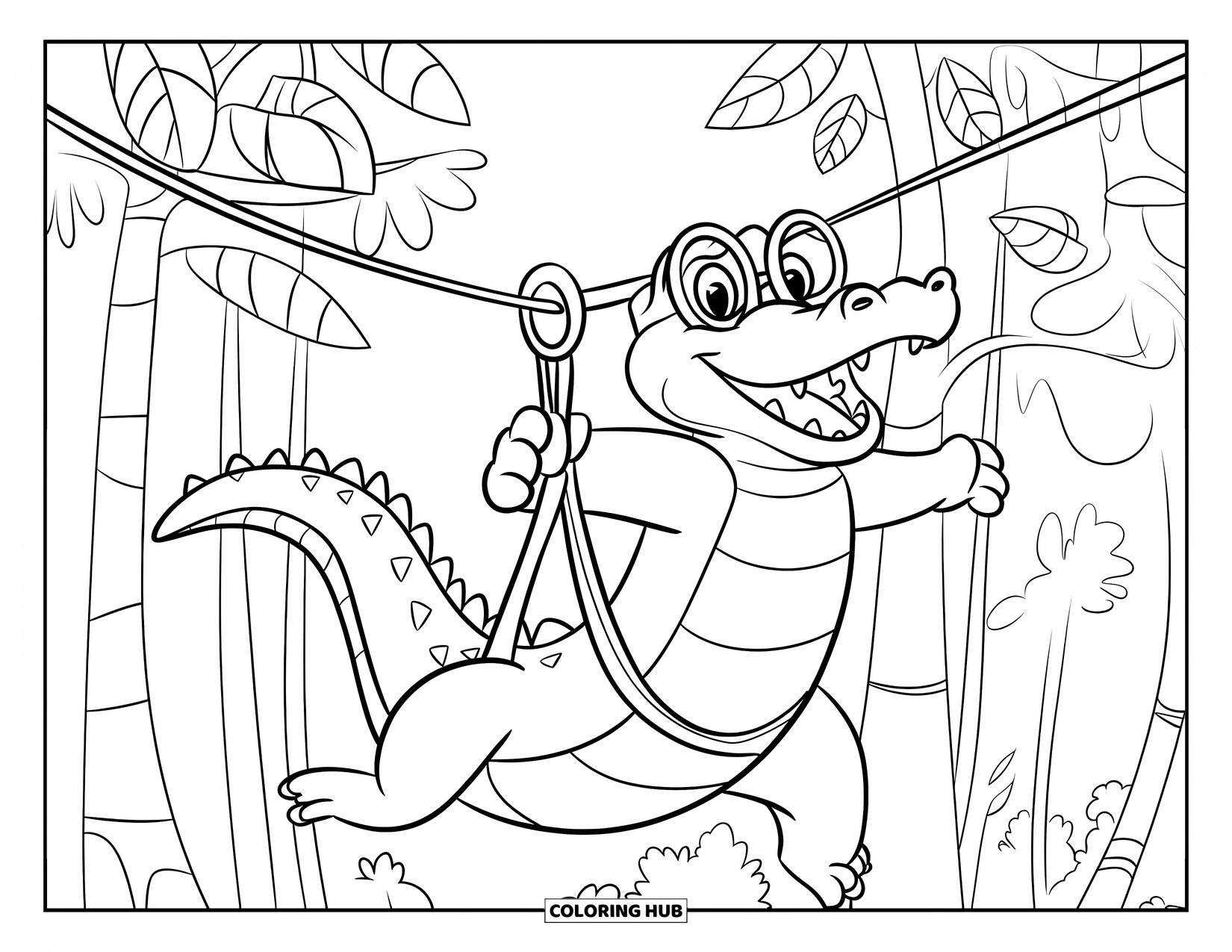 Disegno da colorare di coccodrillo per bambini: Un coccodrillo con occhiali e una maglietta a righe si lancia su una teleferica oltre foglie tropicali