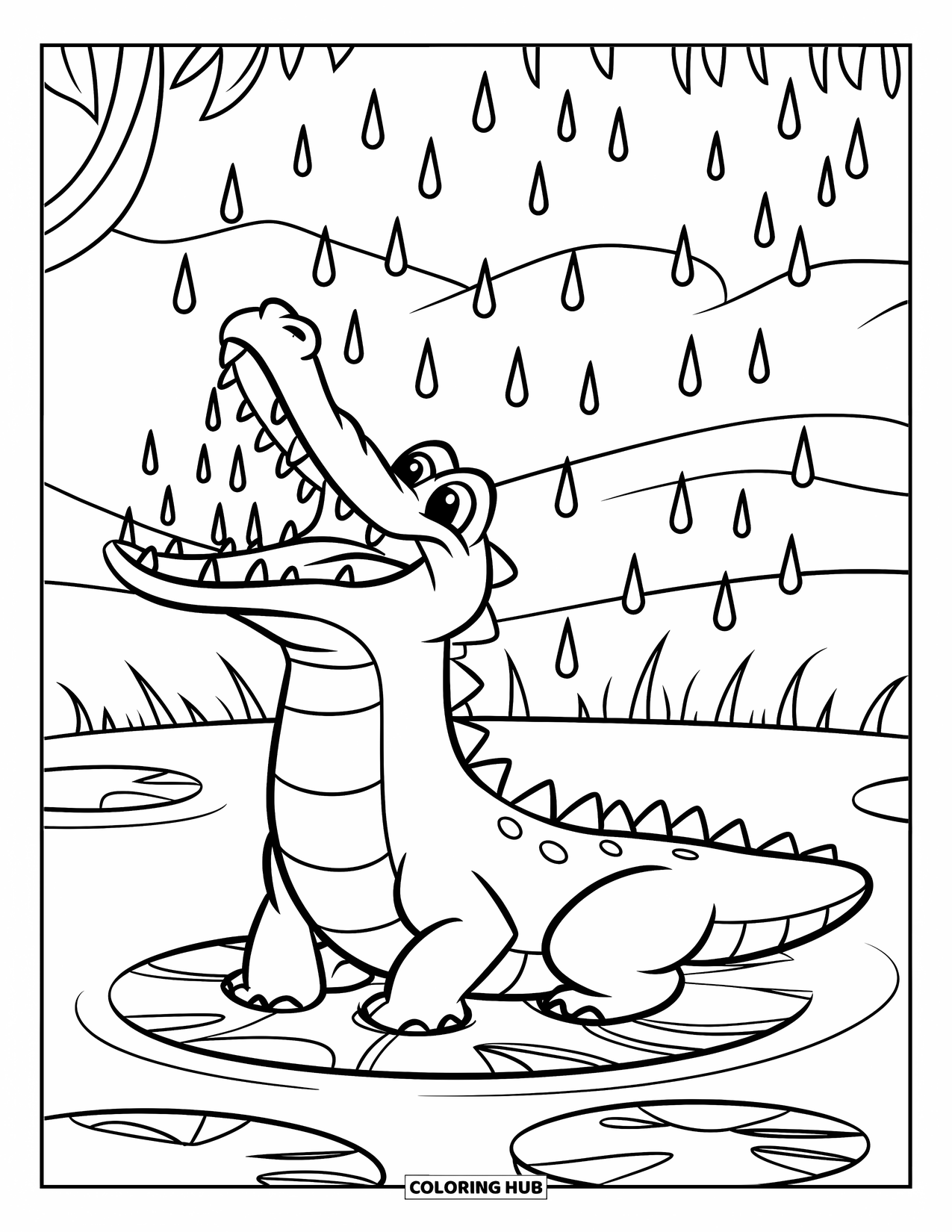 Disegno da colorare di coccodrillo per bambini: Un coccodrillo con la bocca aperta cattura gocce di pioggia mentre è seduto su una ninfea