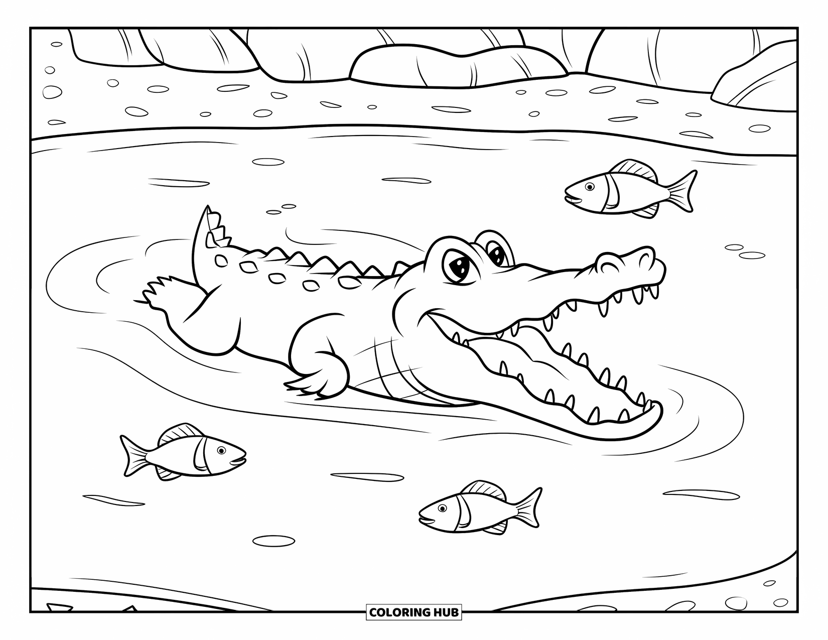 Disegno da colorare di coccodrillo per bambini: Un coccodrillo con denti affilati fa snorkeling vicino a pesci in una laguna sabbiosa
