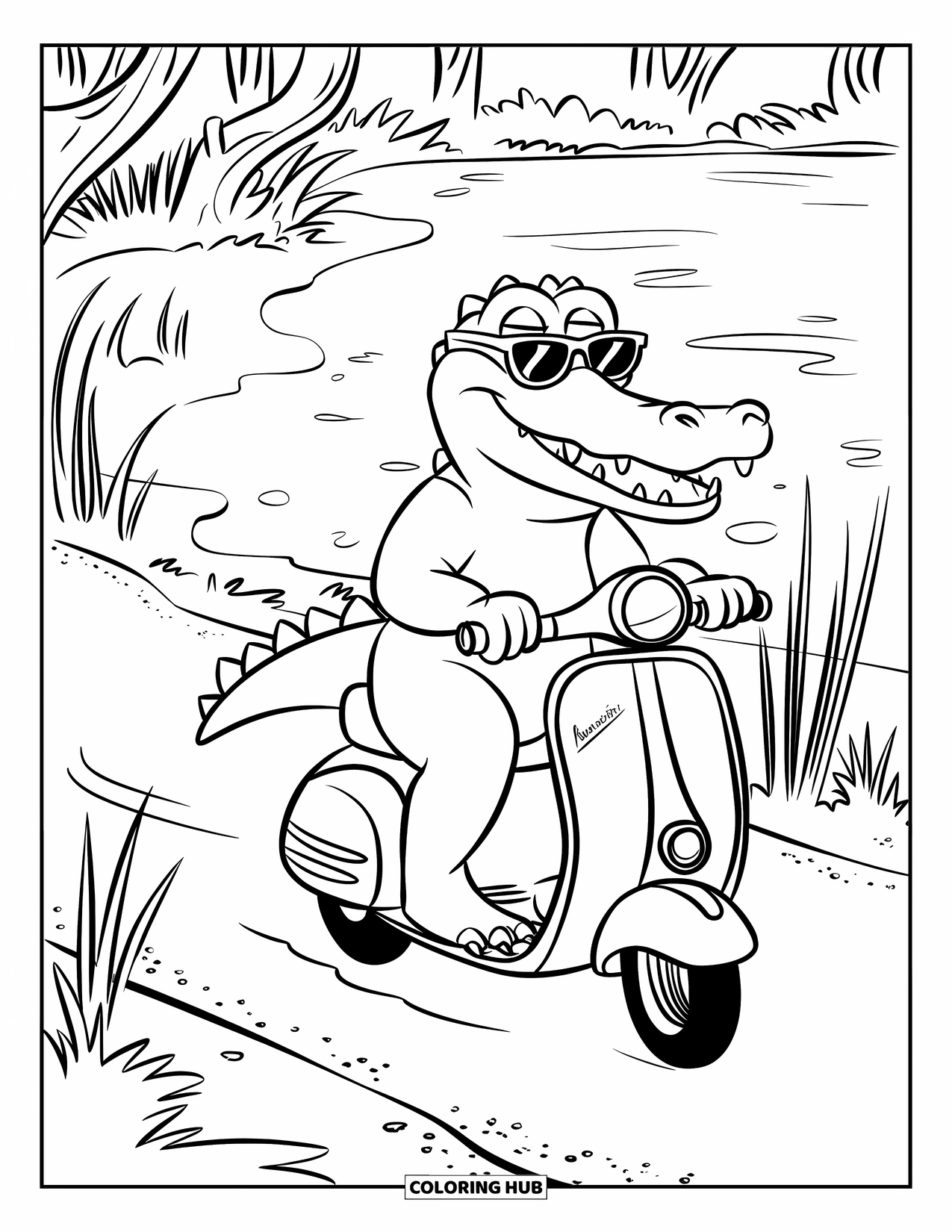 Disegno da colorare di coccodrillo per bambini: Un coccodrillo con occhiali da sole guida uno scooter lungo un sentiero paludoso alberato